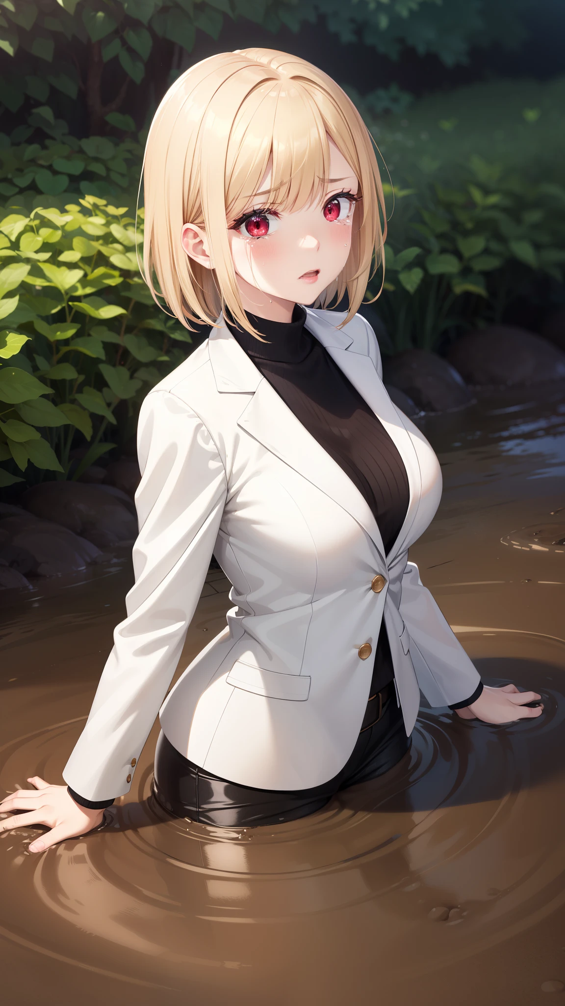 masterpiece, ultra-detailed, illustration, game cg, best quality, highres, kitagawa marin, 1girl, short fluffy blonde hair, swept bangs, gradient hair, red eyes, glossy lips, upset, crying, large breasts, white blazer, (sinking in mud), garden, partially submerged