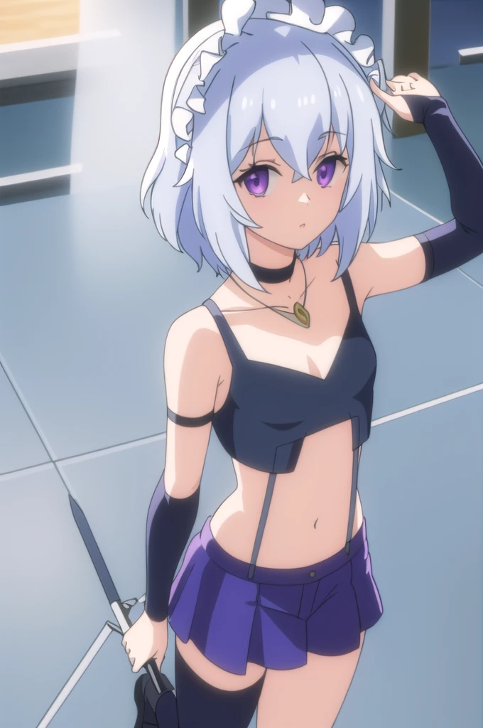 ((Best quality))), ((Ultra-detailed)), ((illustration)), ((Disheveled hair)), ((frilld)), (1 girl), (Solo), 1girl, arabian_clothes, bare_shoulders, breasts, bridal_gauntlets, full_body, jewelry, short_hair, mask, midriff, mouth_veil, navel, necklace, pants, solo, veil, rating:safe, arm_warmers, blue_footwear, card, card_(object), choker, cleavage, dress, female, hair_ornament, hand_up, holding, holding_card, holding_object, looking_at_viewer, makaria, small_breasts, standing, standing_on_one_leg, sun_hair_ornament,purple_eyes, silver_hair