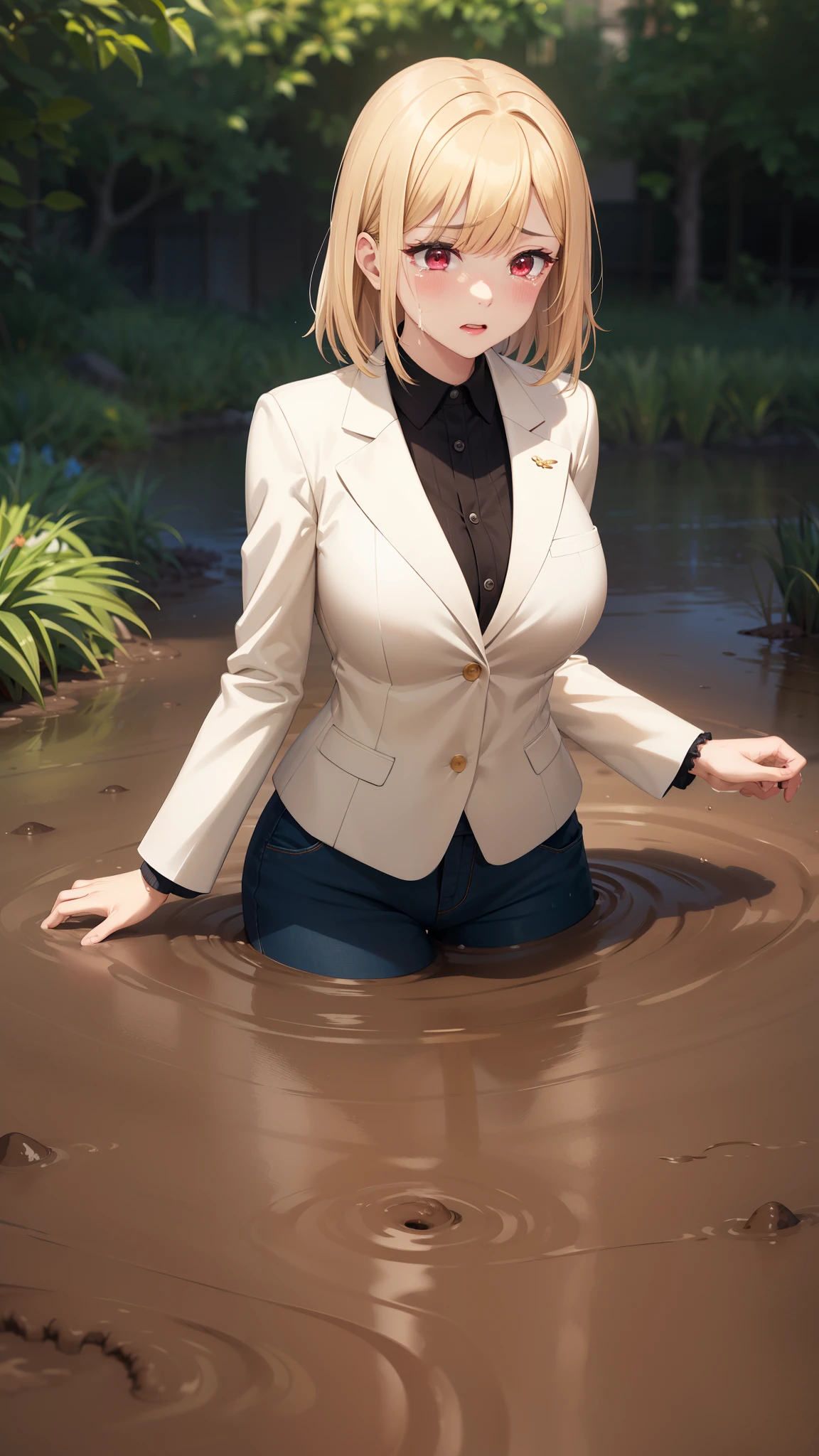 masterpiece, ultra-detailed, illustration, game cg, best quality, highres, kitagawa marin, 1girl, short fluffy blonde hair, swept bangs, gradient hair, red eyes, glossy lips, upset, crying, large breasts, white blazer, (sinking in mud), garden, partially submerged