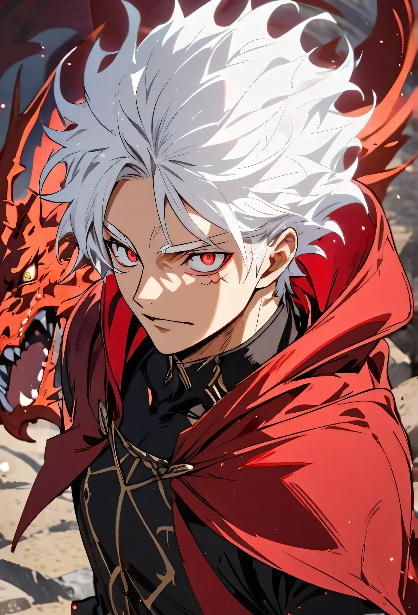 Handsome, solo, 1 male, short hair, white hair, red eyes, black shirt, red cloak, red dragon