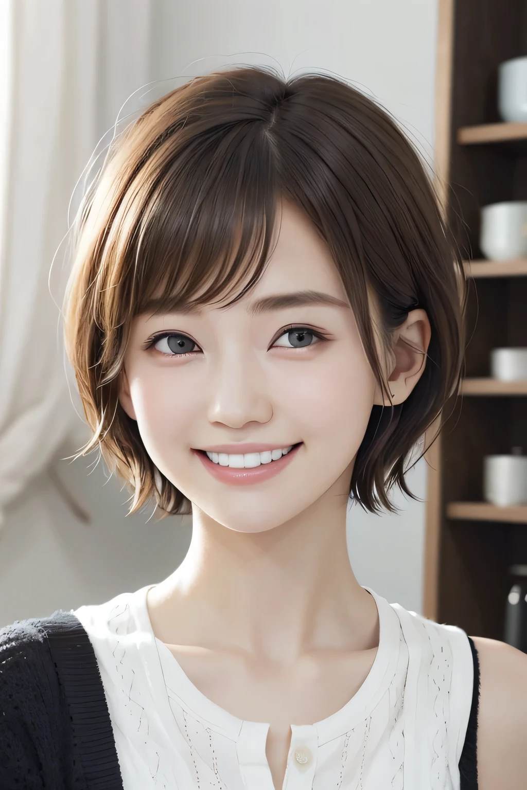 205 ((short hair)), 17Beautiful woman、, cardigan、shirt、Shoulder Fashion、smile、Beautiful teeth alignment、Black Hair、ear piercing、Looking into the camera, The background is the town