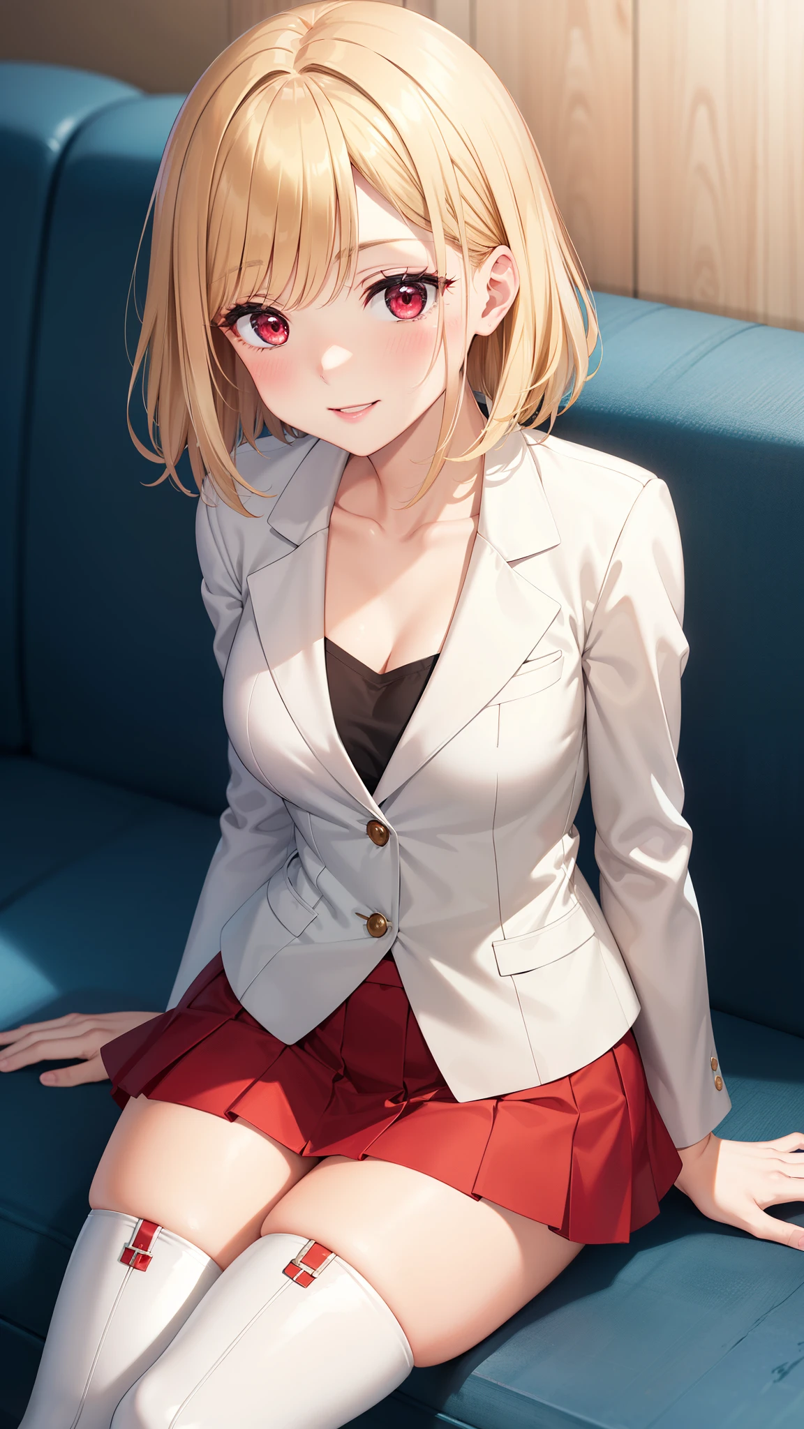 masterpiece, ultra-detailed, illustration, game cg, best quality, highres, kitagawa marin, 1girl, short fluffy blonde hair, swept bangs, gradient hair, red eyes, glossy lips, light smile, blush, medium breasts, red puffy miniskirt, white blazer, red thigh boots, sitting, blue sky, collarbone