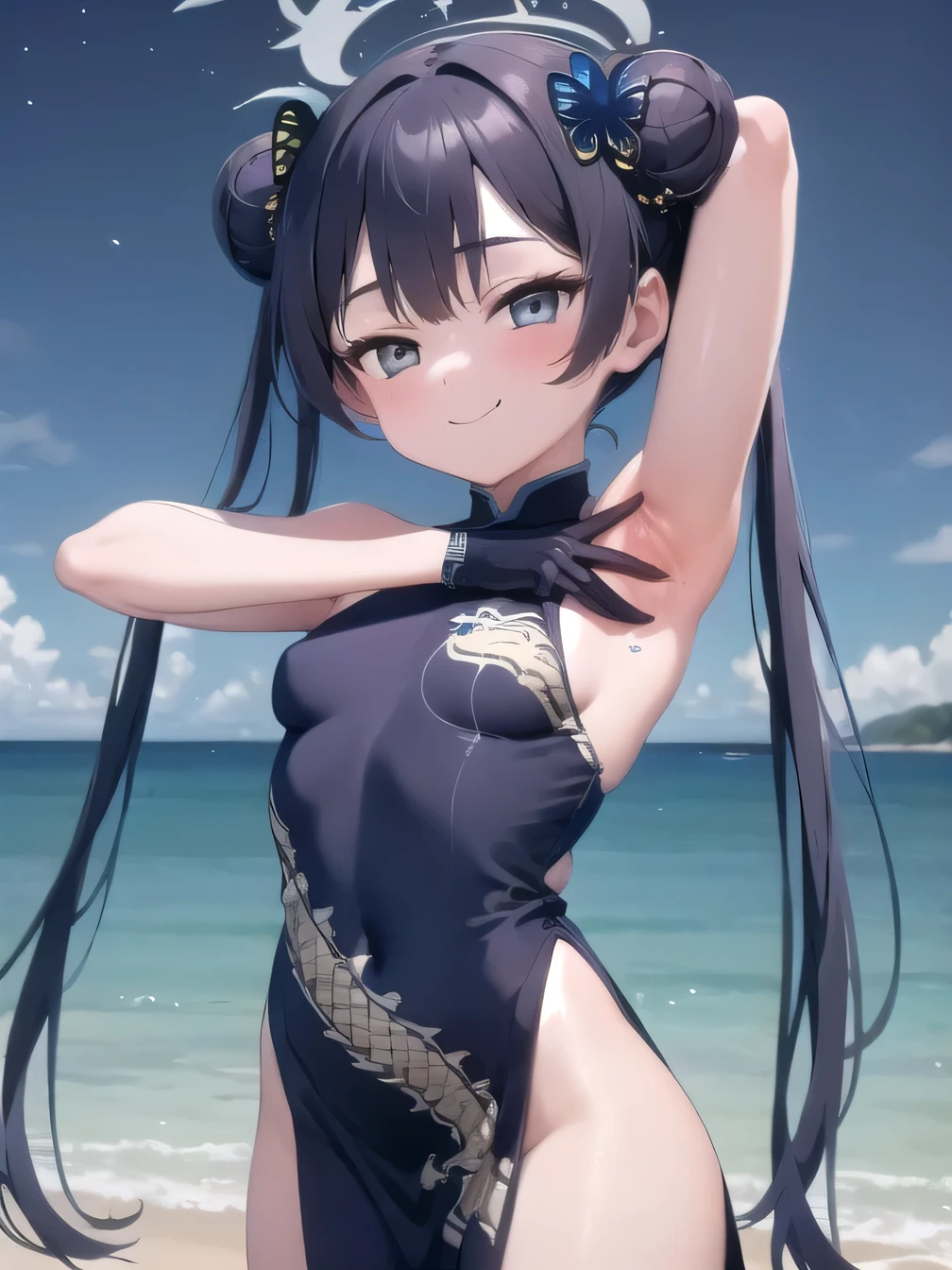 (masterpiece, best quality), 1girl,   kisaki, grey eyes, black hair, hair bun, double bun, twintails, butterfly hair ornament, halo,, china dress, black dress, sleeveless, dragon print, gloves, closed mouth, solo, cowboy shot, night sky, beach, arms behind head, contrapposto, spread armpits, looking at viewer, best quality, smile, 