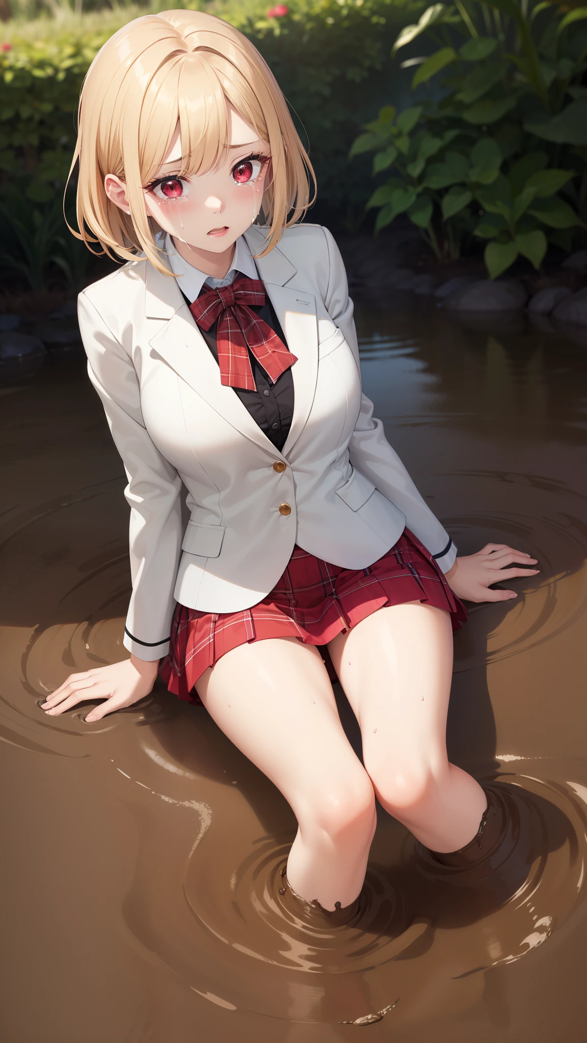 masterpiece, ultra-detailed, illustration, game cg, best quality, highres, kitagawa marin, 1girl, short fluffy blonde hair, swept bangs, gradient hair, red eyes, glossy lips, upset, crying, large breasts, red puffy miniskirt, white blazer, (sinking in mud), garden, partially submerged
