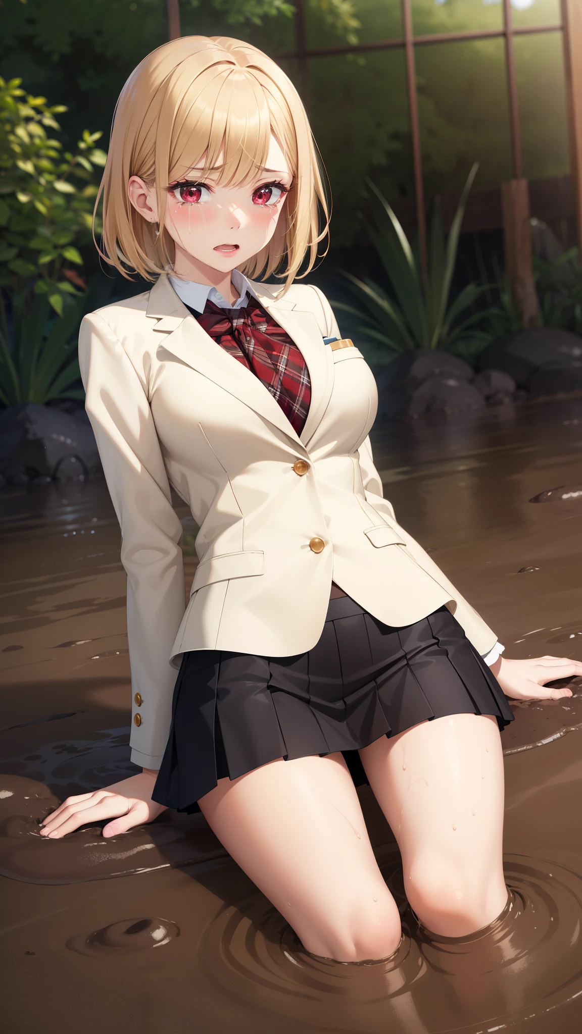 masterpiece, ultra-detailed, illustration, game cg, best quality, highres, kitagawa marin, 1girl, short fluffy blonde hair, swept bangs, gradient hair, red eyes, glossy lips, upset, crying, large breasts, red puffy miniskirt, white blazer, (sinking in mud), garden, partially submerged