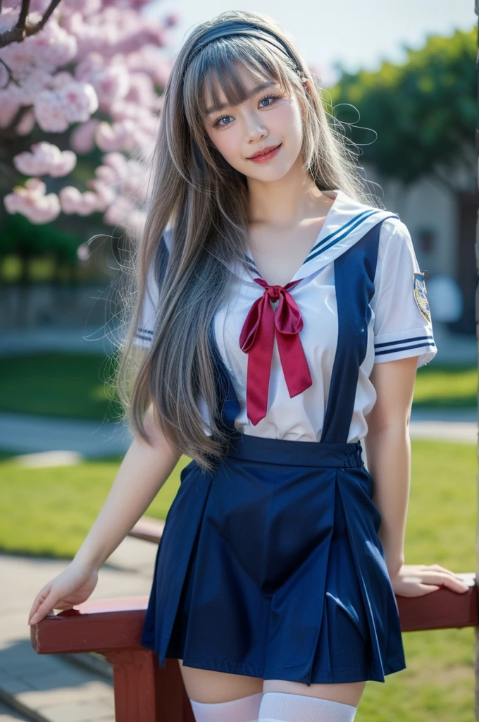 ultra-detailed,highly detailed,best quality,masterpiece,illustration,realistic,photorealistic,
clannad, hikarizaka private high , summer uniform, 
1girl, solo, cosplay, 
serafuku, short sleeves shirt, sailor collar, suspender skirt, thighhighs, neck ribbon, 
bangs, hair ornament, very long hair, grey hair, hairband,
looking at viewer, standing, cowboy shot, 
outdoors, photo background, plant, day, cherry blossoms, falling petals, wind,
((perfect eyes, detailed eyes,realistic eyes)), ((sharp face, detailed face, realistic face, natural skin, realistic skin, detailed skin, pores)), ((perfect body, detailed body, realistic body, big proportions)) 