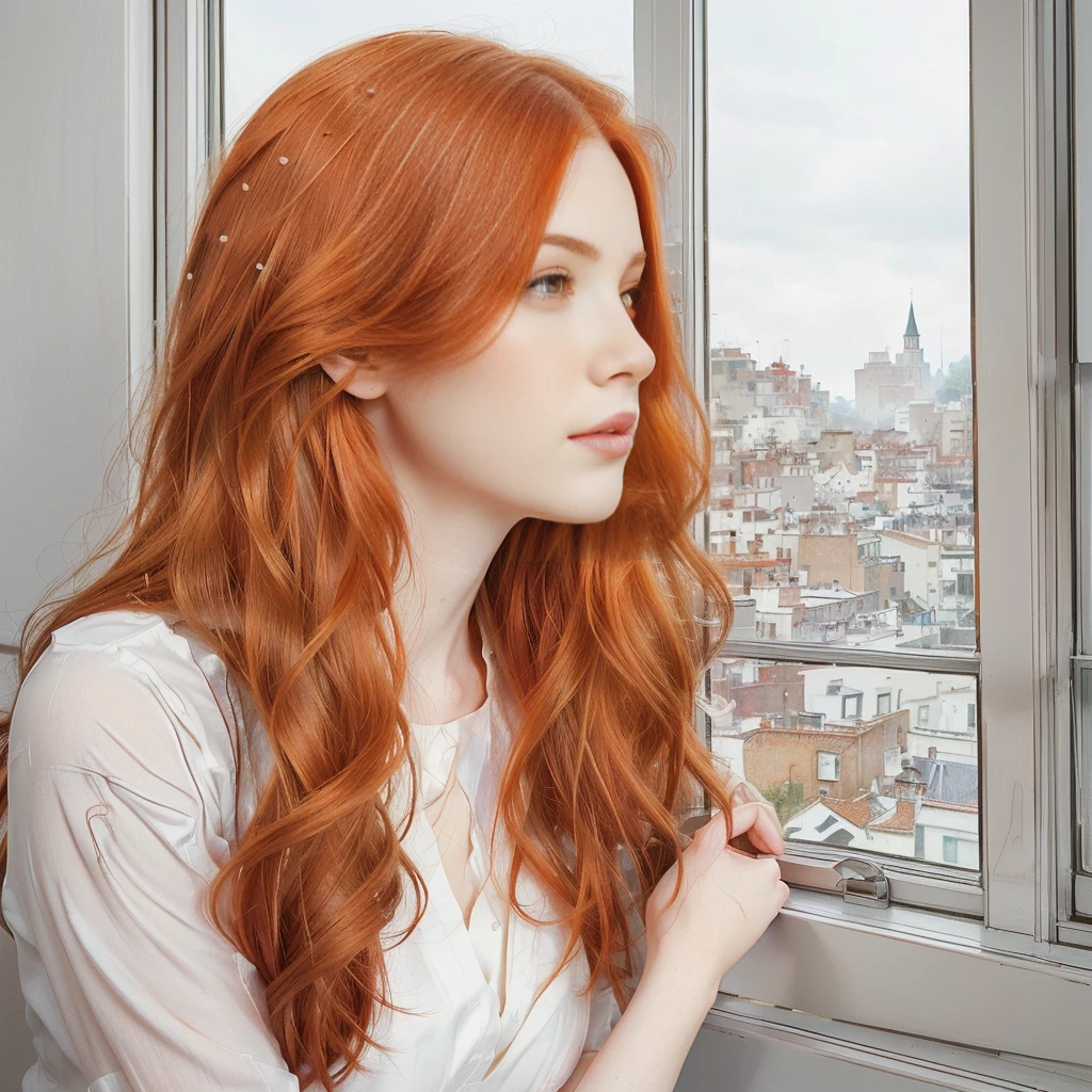 there is a woman with red hair looking out a window, ginger. art nouveau, beautiful illustration, style of charlie bowater, she has long redorange hair, a beautiful artwork illustration, flowing ginger hair, red hair girl, beautiful comic art, beautiful line art, red haired girl, charlie bowater art style, laurie greasley and james jean, beautiful digital illustration