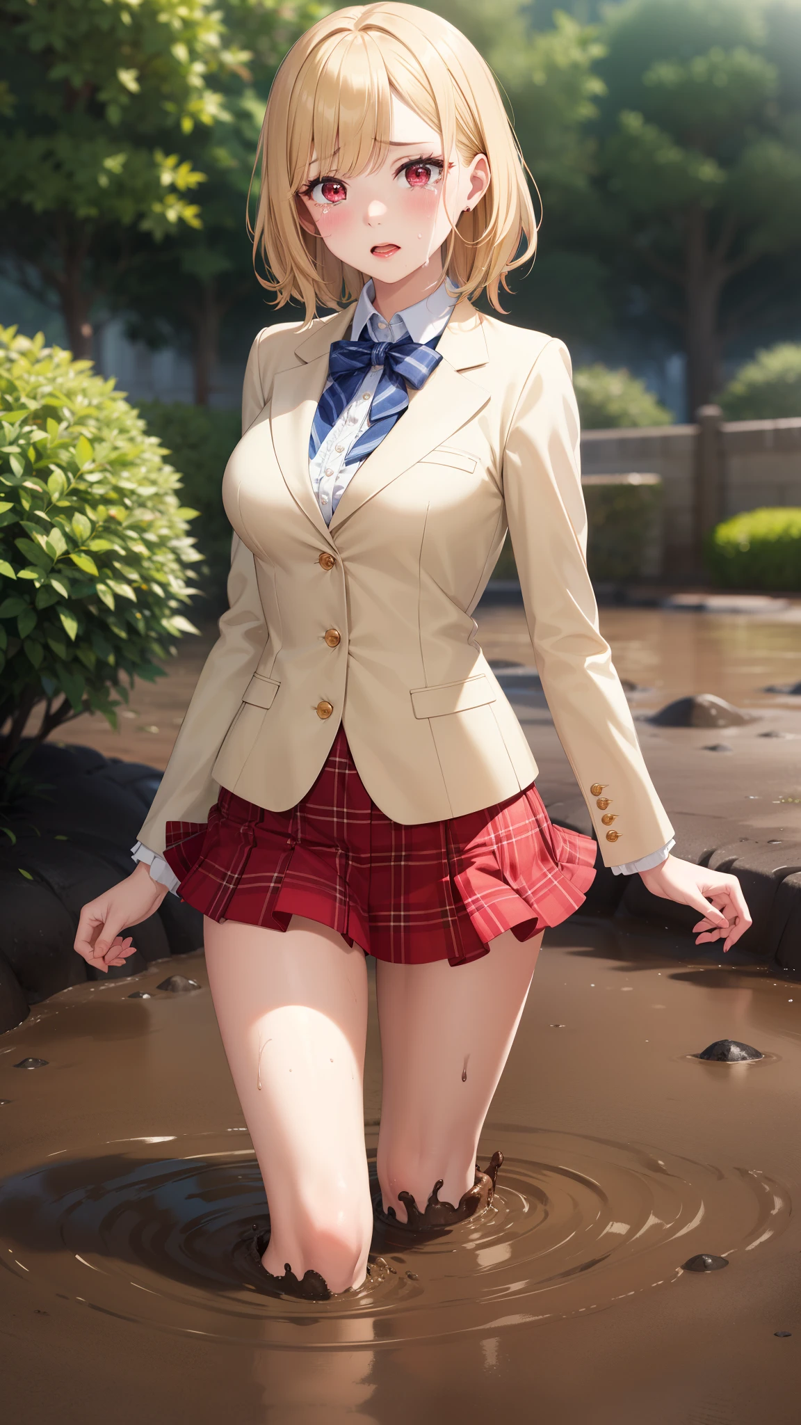 masterpiece, ultra-detailed, illustration, game cg, best quality, highres, kitagawa marin, 1girl, short fluffy blonde hair, swept bangs, gradient hair, red eyes, glossy lips, upset, crying, large breasts, red puffy miniskirt, white blazer, (sinking in mud), garden, partially submerged