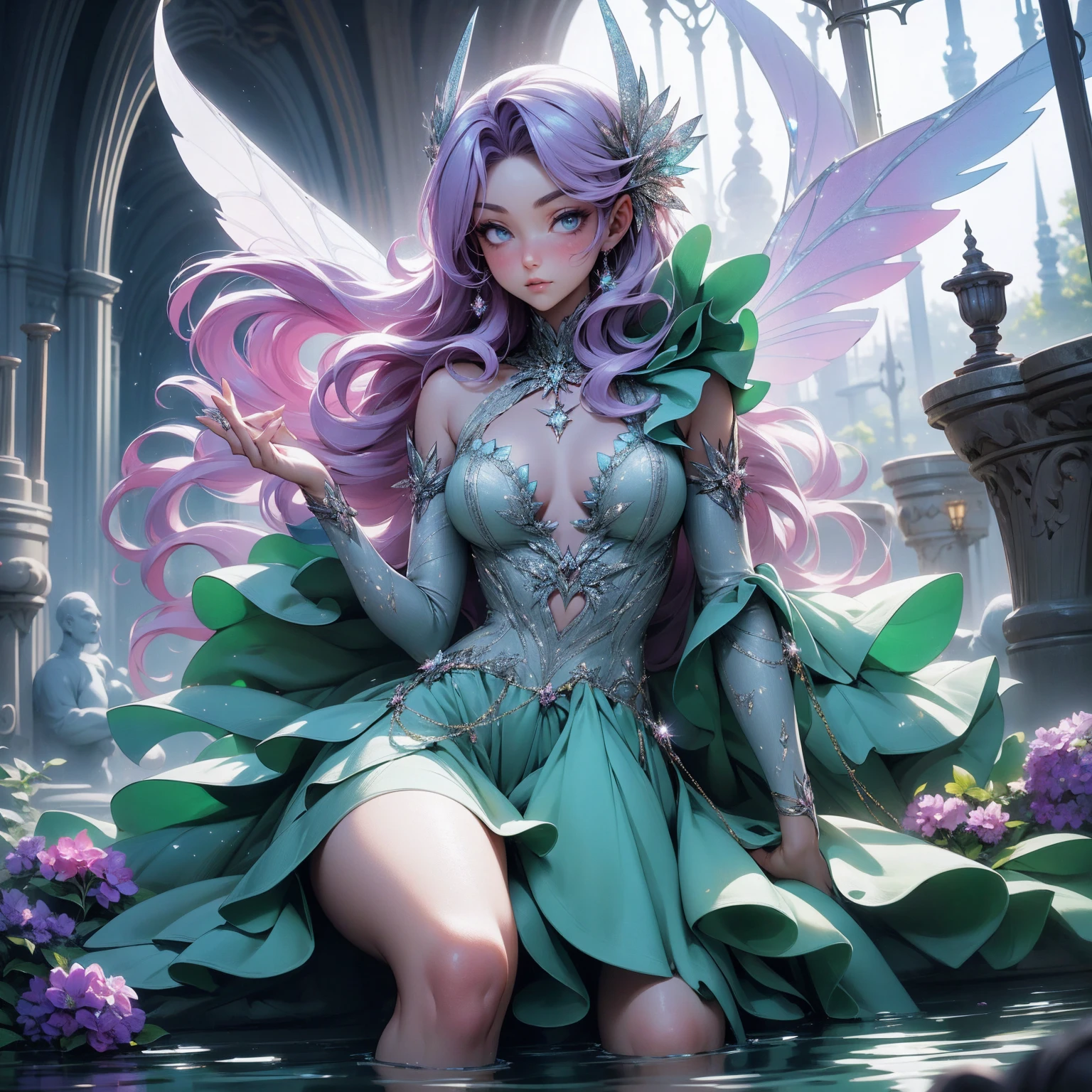 (Absurd, high quality, ultra -compared, careful with the hand) fairy, fairy wings, dreamer body, vivid, romantic and all. Optimistic face, just lies, without entry and intellectual. Green dress. Reckless style, sweet and passion, Gray eyes, cute (eyes of the eyes), enchanted fairy (pixie) . long hair, magenta hair. In the carnival row illustration, flying, dancing lithgly, Whole body, sitting on the water, on nature, backwards, looking back