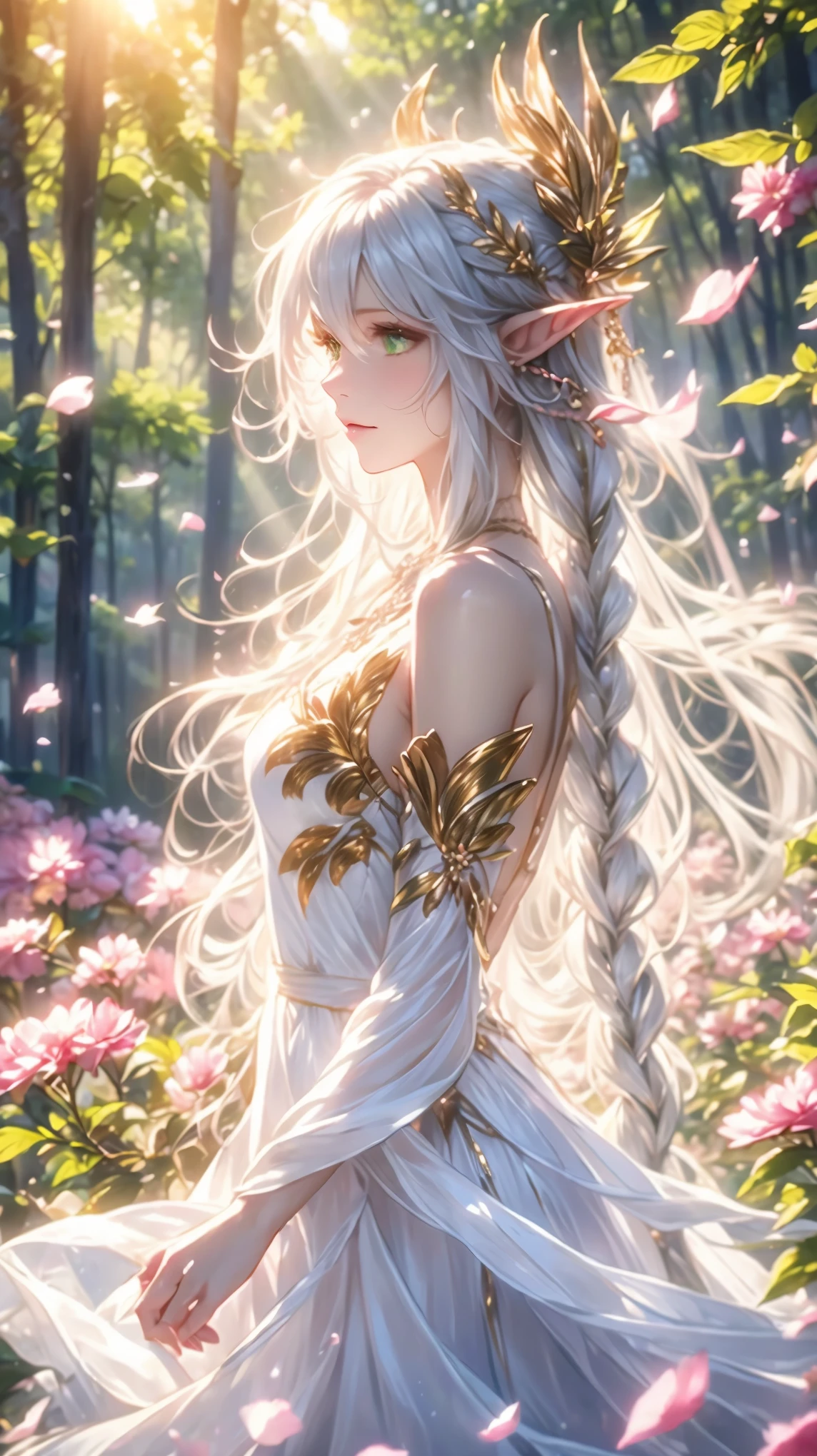 (masterpiece, best quality, high quality, highres, ultra-detailed), realistic,,1 sweet girl, the greater lord rukkhadevata, (side braid:1.1), long hair,((white hair)), leaf hair ornament, (pointy ears), elf, green eyes, pale skin, bare shoulders, (medium breasts), (cleavage:1.1), jewelry, white long dress, (detached sleeves:1.1), bracelet, (looking away:1.2), (hair floating:1.3), from side,,(in forest:1.3), (pink flowers:1.1), (falling petals:1.1), (lens flare from right:1.2), (god rays from right:1.2),,