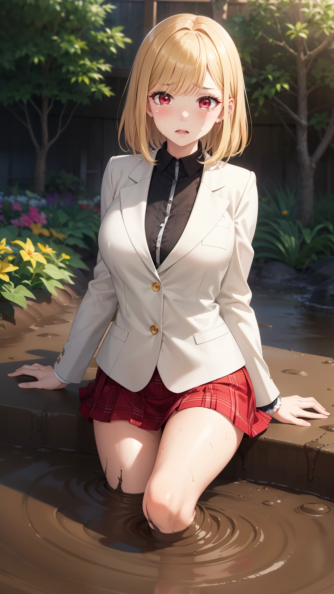 masterpiece, ultra-detailed, illustration, game cg, best quality, highres, kitagawa marin, 1girl, short fluffy blonde hair, swept bangs, gradient hair, red eyes, glossy lips, upset, crying, large breasts, red puffy miniskirt, white blazer, (sinking in mud), garden