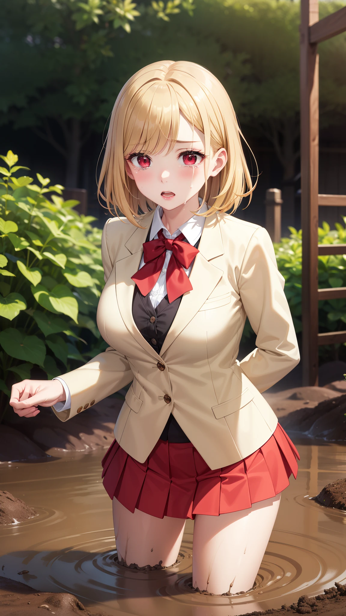 masterpiece, ultra-detailed, illustration, game cg, best quality, highres, kitagawa marin, 1girl, short fluffy blonde hair, swept bangs, gradient hair, red eyes, glossy lips, upset, crying, large breasts, red puffy miniskirt, white blazer, (sinking in mud), garden