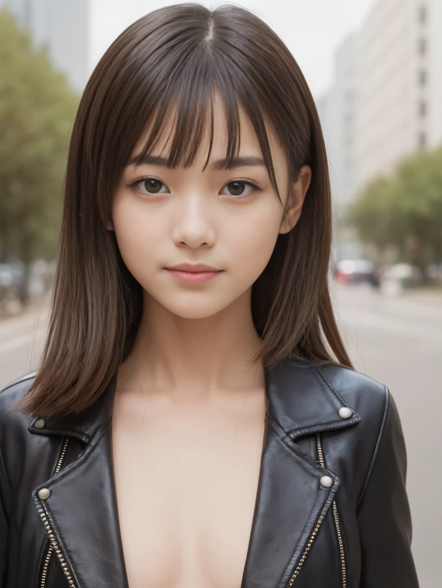 One Girl, (Beautiful girl, Delicate girl:1.3), (13 years old:1.3), break, (Black leather jacket, publish nudes), break, Very fine grain definition, (Symmetrical eyes:1.3), break, (Street Snap:1.3), perfectly trimmed fingers, break, Small breasts, Brown eyes, Parted bangs, Brown Hair, break, (Eye and facial details:1.0), break, (masterpiece, highest quality, Super detailed, Detailed face, 8k)、smile