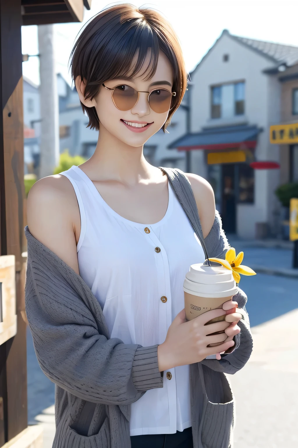 205 ((short hair)), 17Beautiful woman、, cardigan、shirt、Shoulder Fashion、smile、Beautiful teeth alignment、Black Hair、ear piercing、Looking into the camera, The background is the town、Misaligned sunglasses