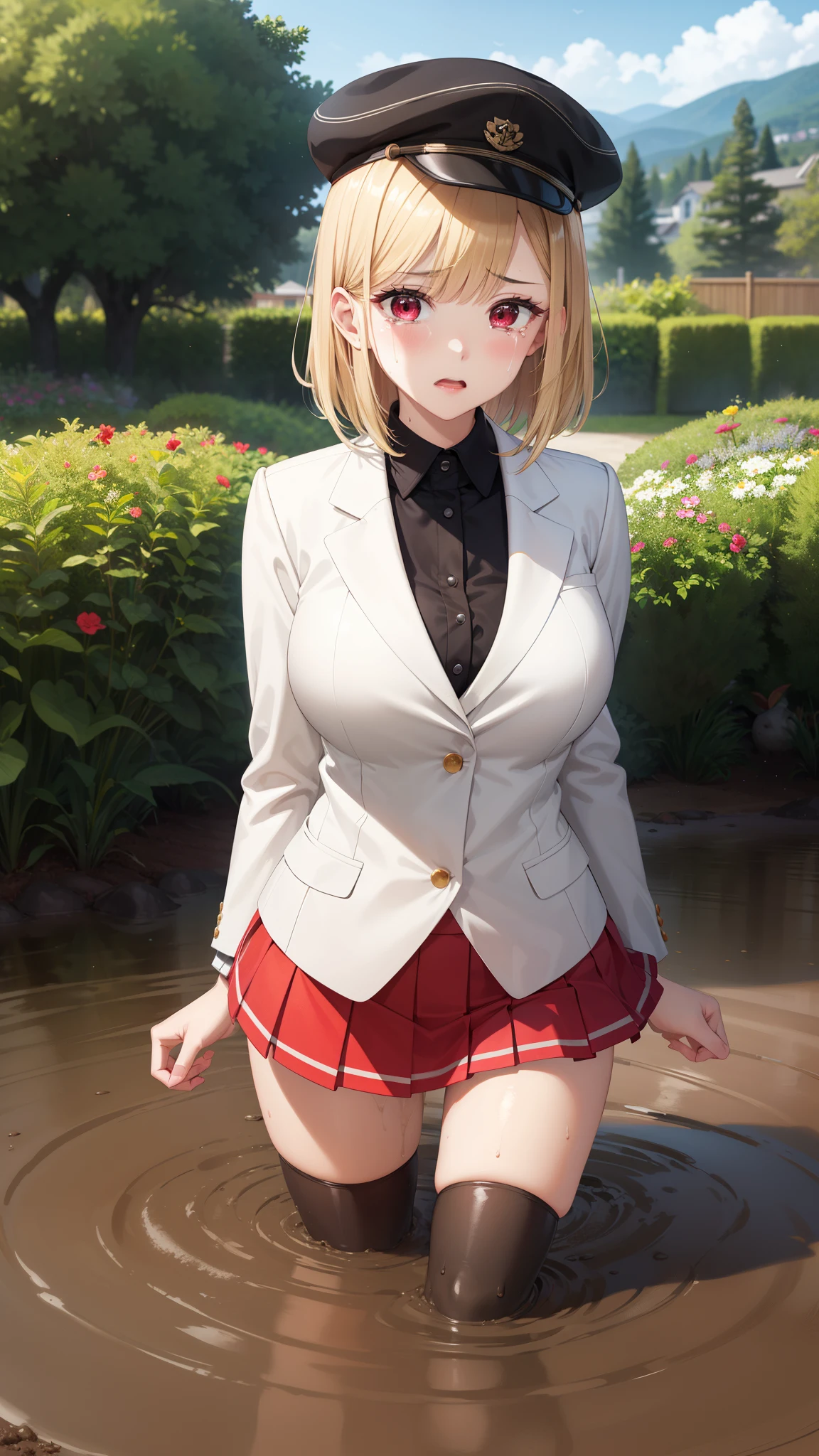 masterpiece, ultra-detailed, illustration, game cg, best quality, highres, kitagawa marin, 1girl, short fluffy blonde hair, swept bangs, gradient hair, red eyes, glossy lips, hat, upset, crying, large breasts, red puffy miniskirt, white blazer, (sinking in mud), garden