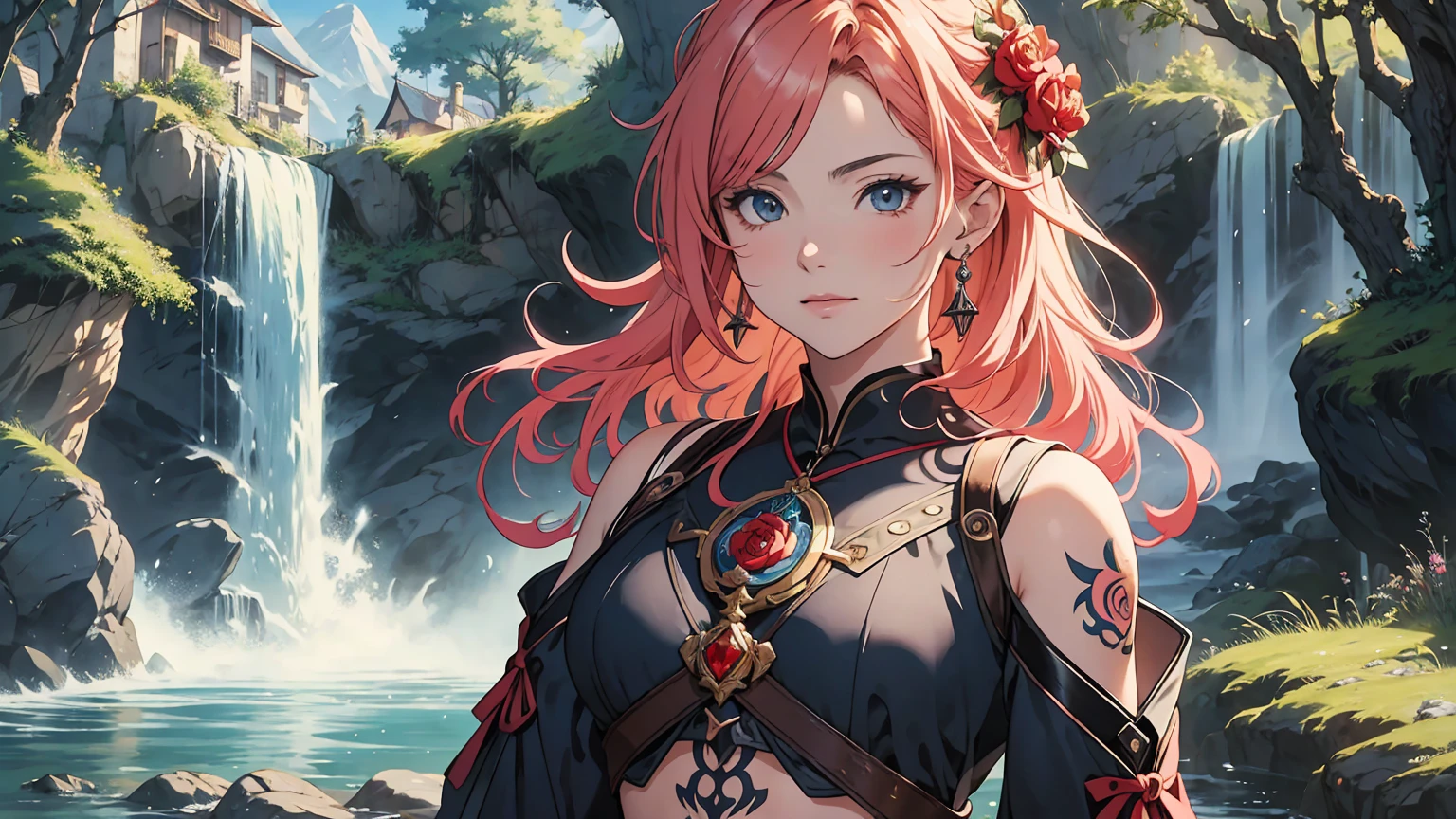 Arte de anime Genshin Impact: retrato realista de uma jovem guerreira europeia de 18 anos, with an enigmatic and enchanting aura. Seus olhos claros, bochechas pontudas, square chin and tattoo of red roses on shoulders and forearms complement her presence. in a dynamic pose, she flirts with the camera. The detailed background in 8K HDR in a magical medieval setting, com estilo de arte de anime Studio Ghibli. Professional 16K illustration captures your beauty with vibrant detail and playful expression, while the 8K HDR painting technique delivers rich, natural colors. Uma obra-prima que combina perfeitamente realismo e encanto misterioso.