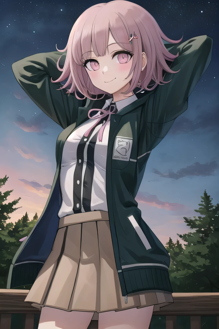 1girl, solo, hair ornament, shirt, jacket, ribbon, skirt, dress shirt, pink ribbon, open clothes, pleated skirt, white shirt, neck ribbon, collared shirt, hood, open jacket, looking at viewer, black jacket, long sleeves, shirt tucked in, brown skirt, hairclip, solo, night sky, forest, arms behind head, contrapposto, spread armpits, closed mouth, smile, cowboy shot, two-tone shirt, hooded jacket, breasts, medium hair, 