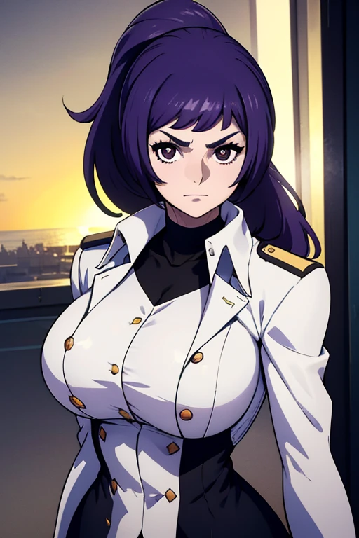 masterpiece, best quality, woman, black eyes, folded ponytail, white long coat, coat on shoulders,white navy soldier uniform ,epaulettes, purple shirt, blue pants, upper body, looking at viewer, large breasts, ocean, city ,(hd), (full body shot), (high resolution)