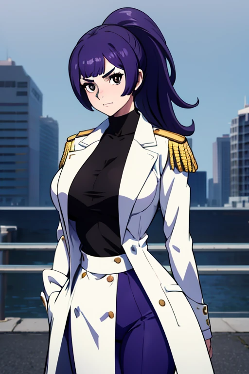 masterpiece, best quality, woman, black eyes, folded ponytail, white long coat, coat on shoulders,white navy soldier uniform ,epaulettes, purple shirt, blue pants, upper body, looking at viewer, large breasts, ocean, city ,(hd), (full body shot), (high resolution)