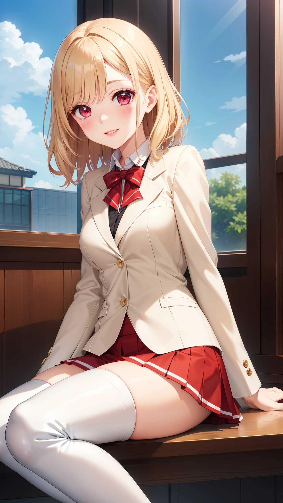 masterpiece, ultra-detailed, illustration, game cg, best quality, highres, kitagawa marin, 1girl, short fluffy blonde hair, swept bangs, gradient hair, red eyes, glossy lips, light smile, blush, medium breasts, red puffy miniskirt, white blazer, red thigh boots, sitting, blue sky
