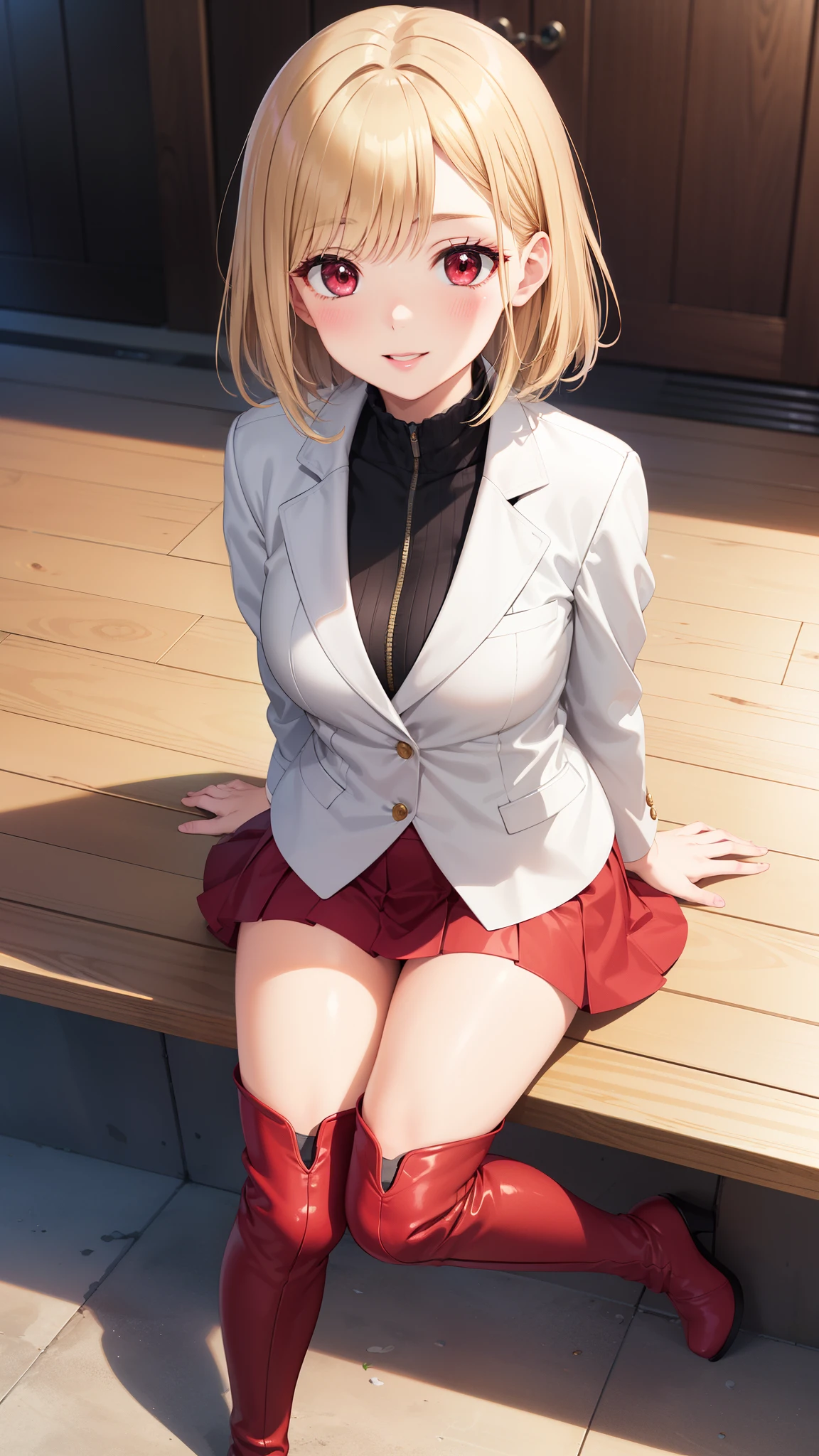 masterpiece, ultra-detailed, illustration, game cg, best quality, highres, kitagawa marin, 1girl, short fluffy blonde hair, swept bangs, gradient hair, red eyes, glossy lips, light smile, blush, medium breasts, red puffy miniskirt, white blazer, red thigh boots, sitting, blue sky