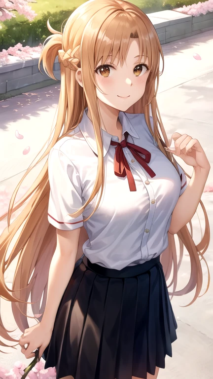 Yuuki Asuna,long hair, brown hair, braid, brown eyes,large breasts,,white shirt,short sleeves,pleated skirt,black skirt,red ribbon, neck ribbon,cowboy shot,standing,smile,closed mouth,outdoors,cherry blossoms,lower body,