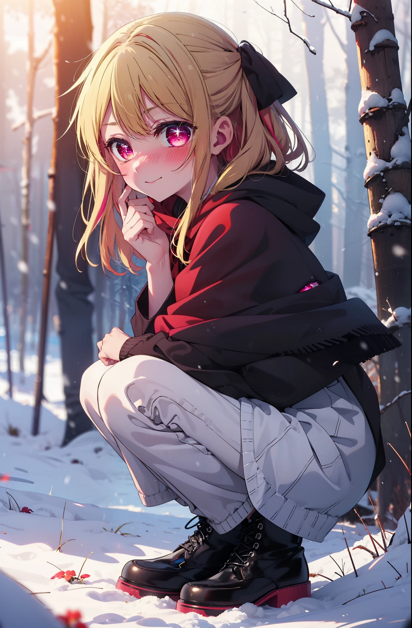 rubyhoshino, Hoshino Ruby, Long Hair, bangs, Blonde Hair, (Pink Eyes:1.3), Side Lock, (Symbol-shaped pupil:1.5), Multicolored Hair, Two-tone hair, smile,,smile,blush,White Breath,
Open your mouth,snow,Ground bonfire, Outdoor, boots, snowing, From the side, wood, suitcase, Cape, Blurred, , forest, White handbag, nature,  Squat, Mouth closed, Cape, winter, Written boundary depth, Black shoes, red Cape break looking at viewer, Upper Body, whole body, break Outdoor, forest, nature, break (masterpiece:1.2), highest quality, High resolution, unity 8k wallpaper, (shape:0.8), (Beautiful and beautiful eyes:1.6), Highly detailed face, Perfect lighting, Highly detailed CG, (Perfect hands, Perfect Anatomy),