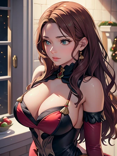One girl, alone, masterpiece, highest quality, High resolution, Very detailed, (figure), Beautiful fine details, Dorothea ,Glossy lips, light makeup, A gentle smile, Long white satin elbow gloves ,Cowboy Shot, (Santa), red Santa dress, whole body, White elbow gloves, Long white gloves