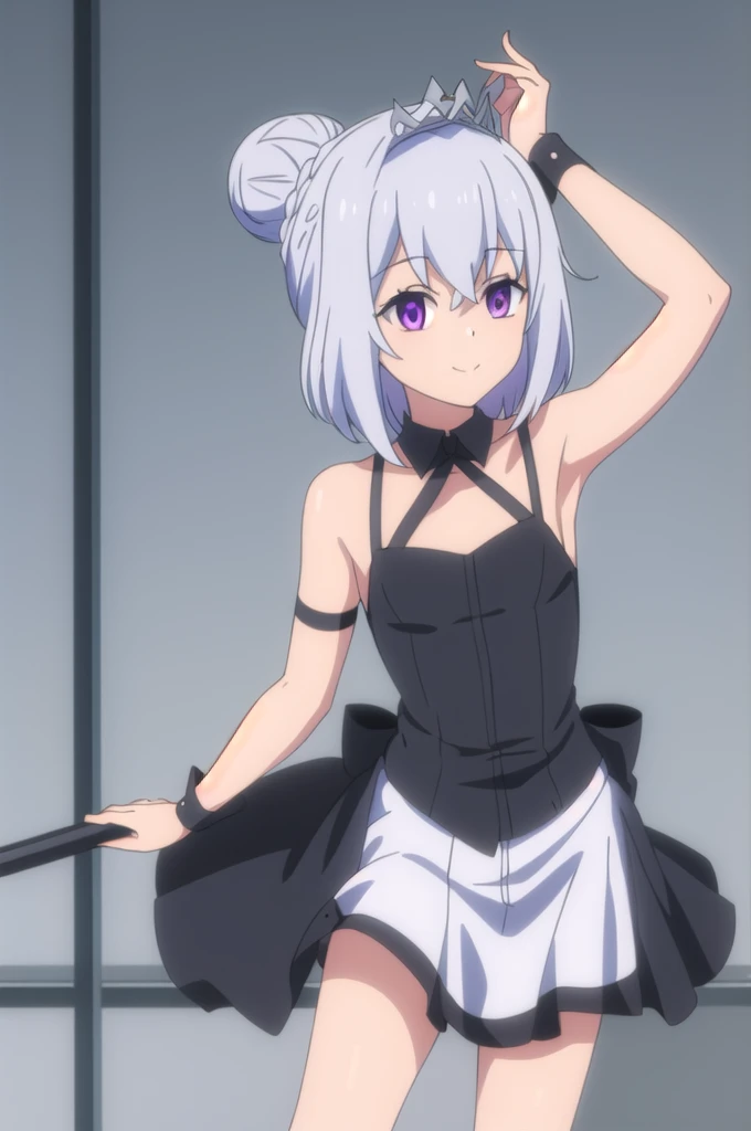 ((Best quality))),((Ultra-detailed)),((illustration)),((Disheveled hair)),((frilld)),(1 girl),(Solo), 1girl,solo,rating:safe,armband,armpits,arms_up,ballerina,ballet,ballet_slippers,bare_arms,bare_shoulders,black_dress,black_footwear,blue_ribbon,breasts,circle_skirt,cleavage,clothing,crossed_legs,crown,dress,pointe,female,garter,hair_bun,hair_rings,headwear,legs,looking_at_viewer,makaria,plantar_flexion,ribbon,see-through,short_hair,single_hair_bun,small_breasts,smile,standing_on_one_leg,standing,tiara,tied_hair, purple_eyes, silver_hair