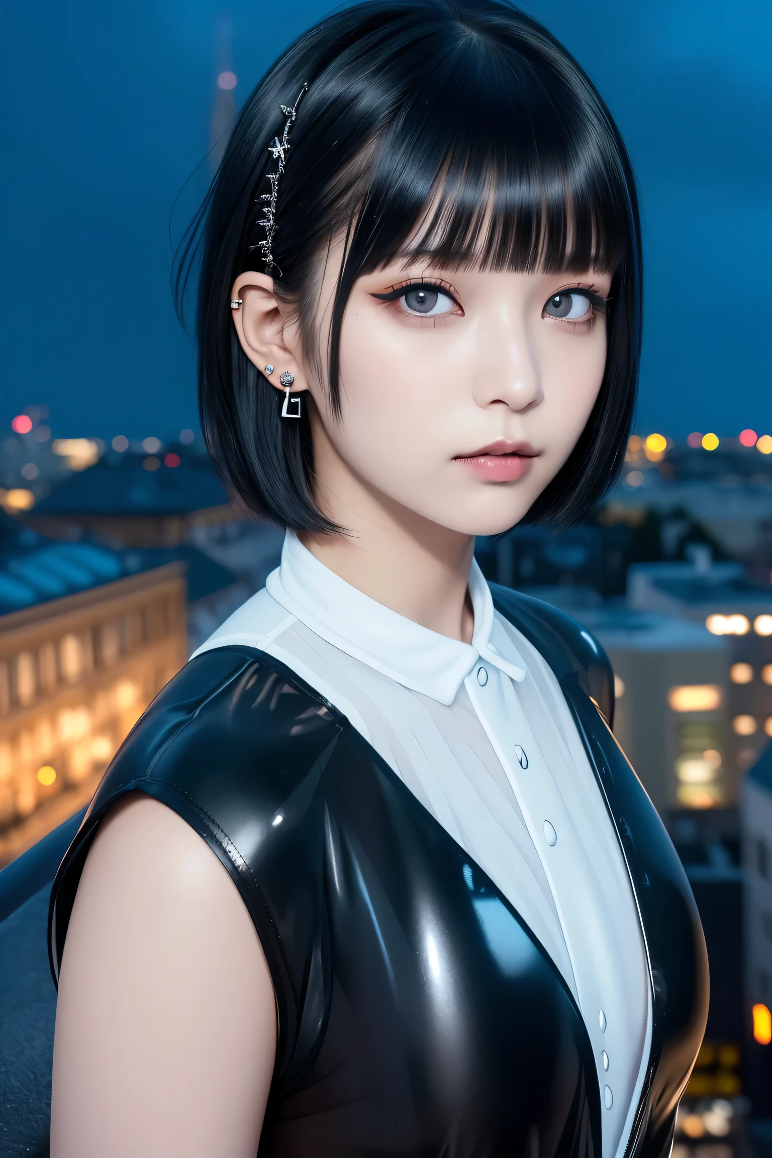 ((Rooftop of a building: 1,3)), ((Goth_punk, alone, Medium Shot, Walking the rooftops of Harajuku, ((night)), Blur, Neon Light, Rainbow Eyes, Starry Sky, Shiny black hair, White eyebrows, Shiny Hair, (Rainbow black hair), Earring, good, jewelry, Blunt bangs, Busy eyes, Background Blur, Blur, hair ornaments, sight, short hair, Portraiture, Side Lock break ((Swedish girl, White skin, White)),((Women's Tight Combat Suit:1.3)), break (Gal: 1. 1),(Glamour: 1. 3),(night),(Supermodel: 1.3)),break ((earring, ring)), Cowboy Shot,((Tall people)),((Android)),((Look Up)),((Top Angle:1. 3)), From above, looking at the camera,((Event Companion)),((Thin see -through)) Tight-fitting underwear with straps))