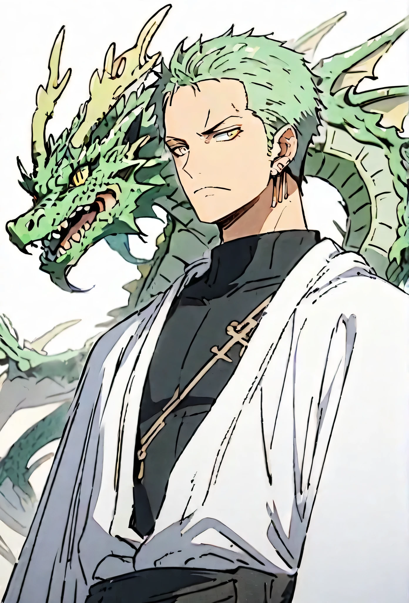 Handsome, solo, 1 male, short hair, green hair, yellow eyes, black shirt, white cloak, green dragon