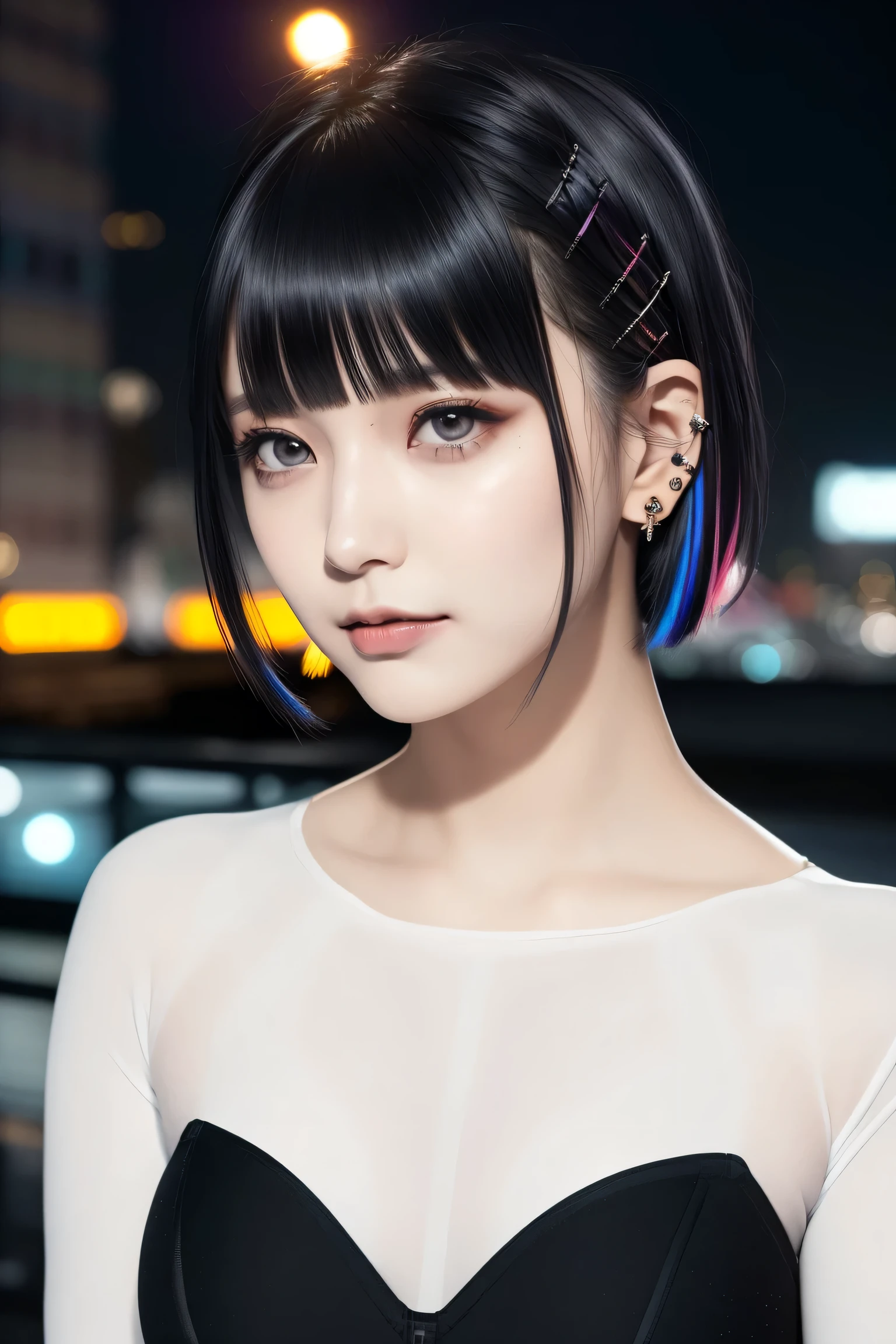 ((Rooftop of a building: 1,3)), ((Goth_punk, alone, Medium Shot, Walking the rooftops of Harajuku, ((night)), Blur, Neon Light, Rainbow Eyes, Starry Sky, Shiny black hair, White eyebrows, Shiny Hair, (Rainbow black hair), Earring, good, jewelry, Blunt bangs, Busy eyes, Background Blur, Blur, hair ornaments, sight, short hair, Portraiture, Side Lock break ((Swedish girl, White skin, White)),((Women&#39;s Tight Combat Suit:1.3)), break (Gal: 1. 1),(Glamour: 1. 3),(night),(Supermodel: 1.3)),break ((earring, ring)), Cowboy Shot,((Tall people)),((Android)),((Look Up)),((Top Angle:1. 3)), From above, looking at the camera,((Event Companion)),((Thin see -through)) Tight-fitting underwear with straps))