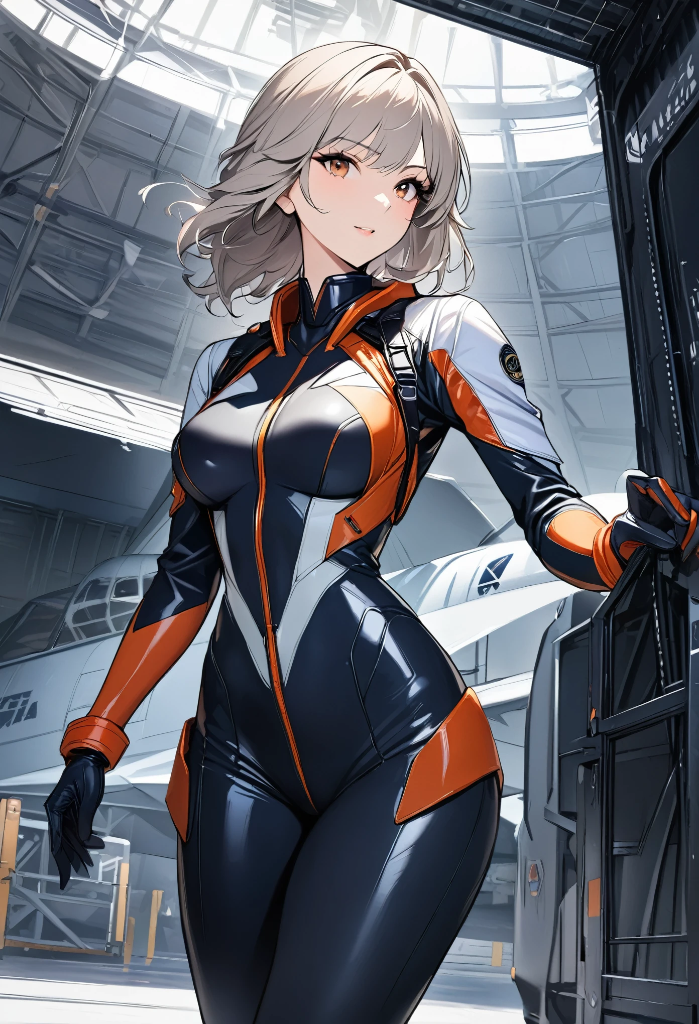 (((master piece Highest quality Unity 16k))),(((tight pilot suit))),1 woman,(Veteran female pilot),dignified expression,(((fighter hangar))),cowboy shot,