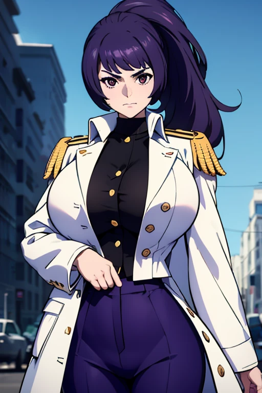 masterpiece, best quality, woman, black eyes, folded ponytail, white long coat, coat on shoulders,white navy soldier uniform ,epaulettes, purple shirt, blue pants, upper body, looking at viewer, large breasts, ocean, city ,(hd), (full body shot), (high resolution)