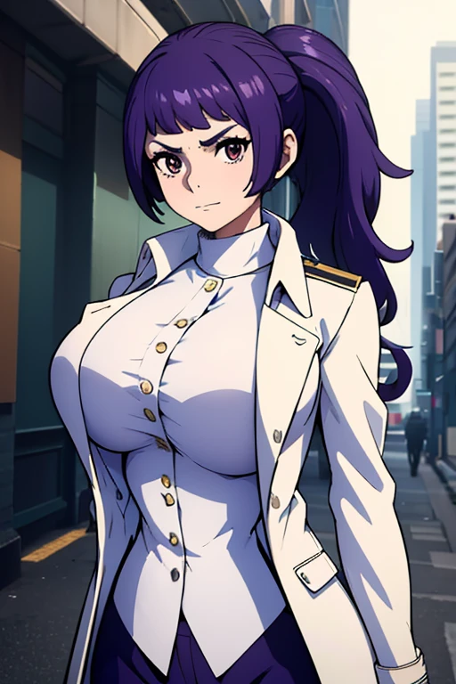 masterpiece, best quality, woman, black eyes, folded ponytail, white long coat, coat on shoulders,white navy soldier uniform ,epaulettes, purple shirt, blue pants, upper body, looking at viewer, large breasts, ocean, city ,(hd), (full body shot), (high resolution)