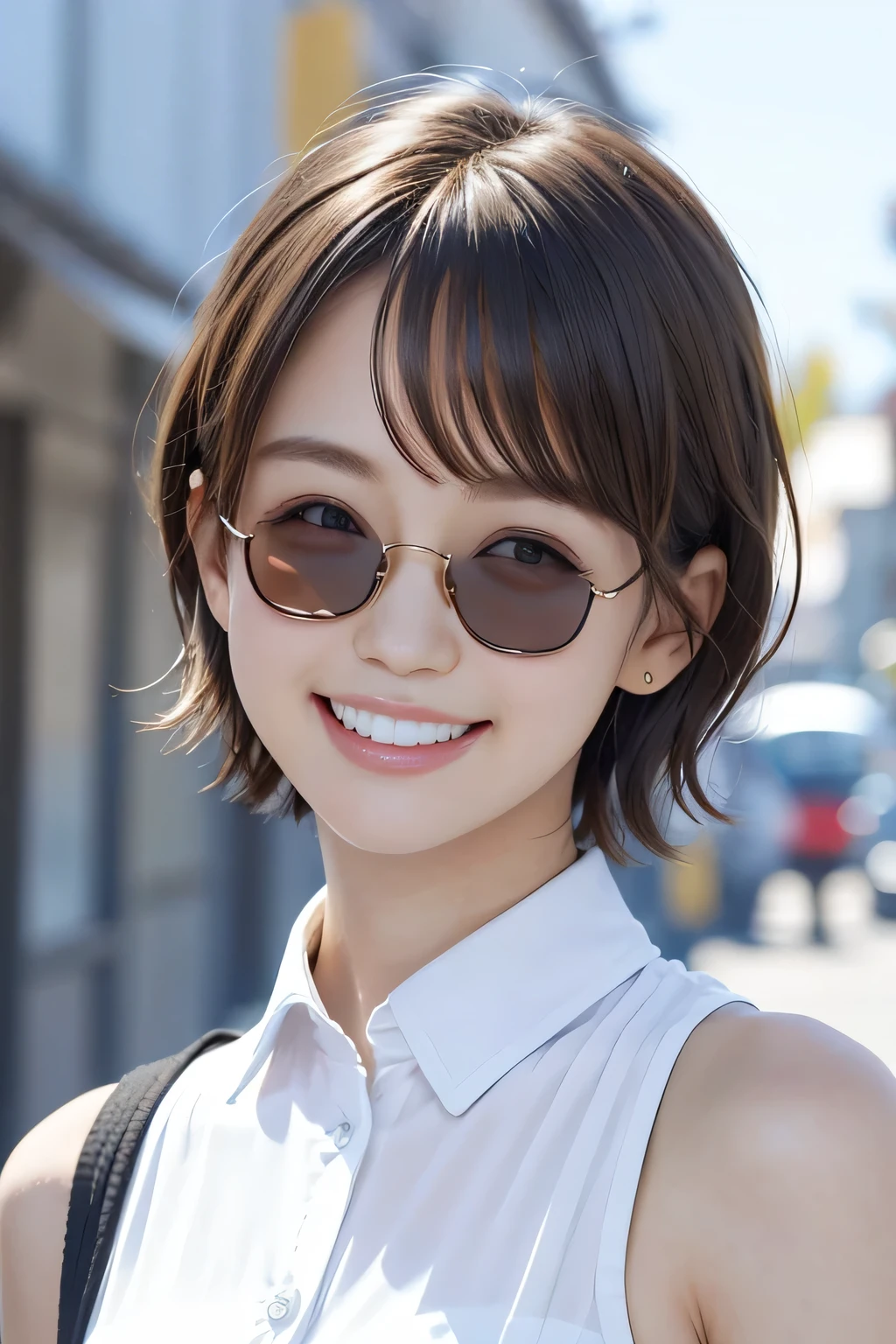 205 ((short hair)), １７Beautiful woman、, cardigan、shirt、Shoulder Fashion、smile、Beautiful teeth alignment、Black Hair、ear piercing、Looking into the camera, The background is the town、Misaligned sunglasses