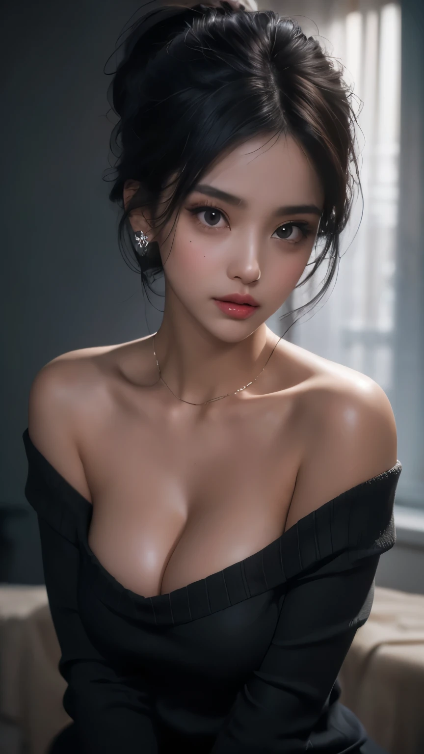 ultra high res, masterpiece, best quality, perfect glossy shiny skins, perfect lighting, detailed lighting, dramatic shadows, ray tracing, black sweater, off shoulder, Big breasts, Exposed cleavage, nsfw, ((Dark background)), Sexy face, Facial expressions when receiving pleasure,