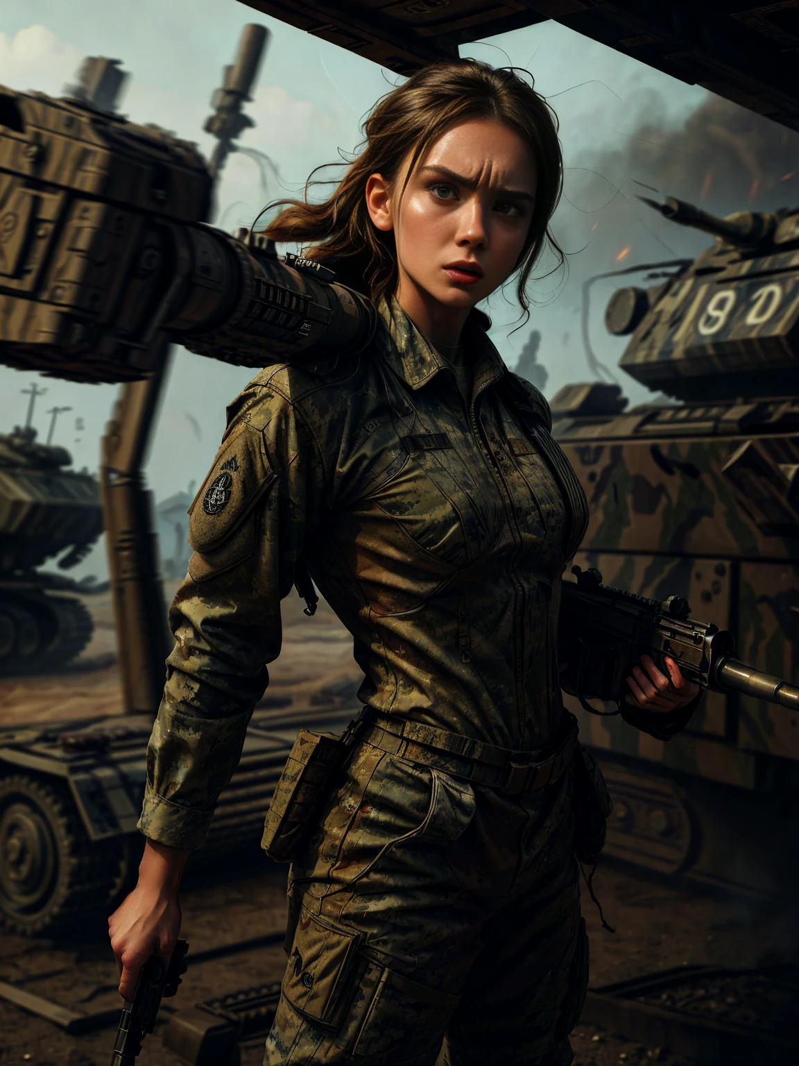 beautiful young woman in tight combat suit:1.3, holding a machine gun, action pose, looking at viewer:1.2, blurred background, gritty photo, HD, 8k, hyper realistic, chiaroscuro lighting, military aesthetics, high-tech weapon, expression intense, muscular build, tactical equipment, cinematic composition