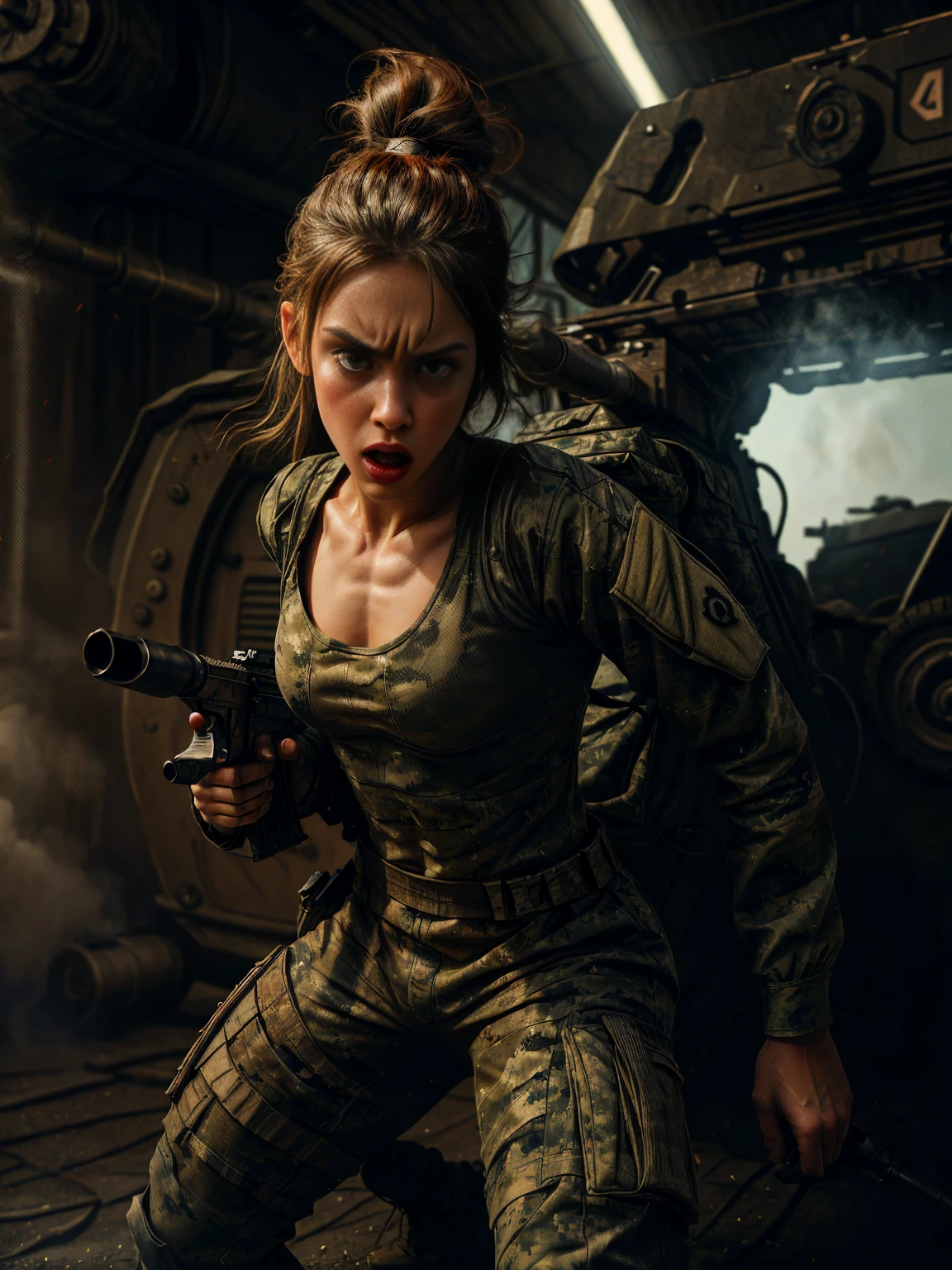 beautiful young woman in tight combat suit:1.3, holding a machine gun, action pose, looking at viewer:1.2, blurred background, gritty photo, HD, 8k, hyper realistic, chiaroscuro lighting, military aesthetics, high-tech weapon, expression intense, muscular build, tactical equipment, cinematic composition