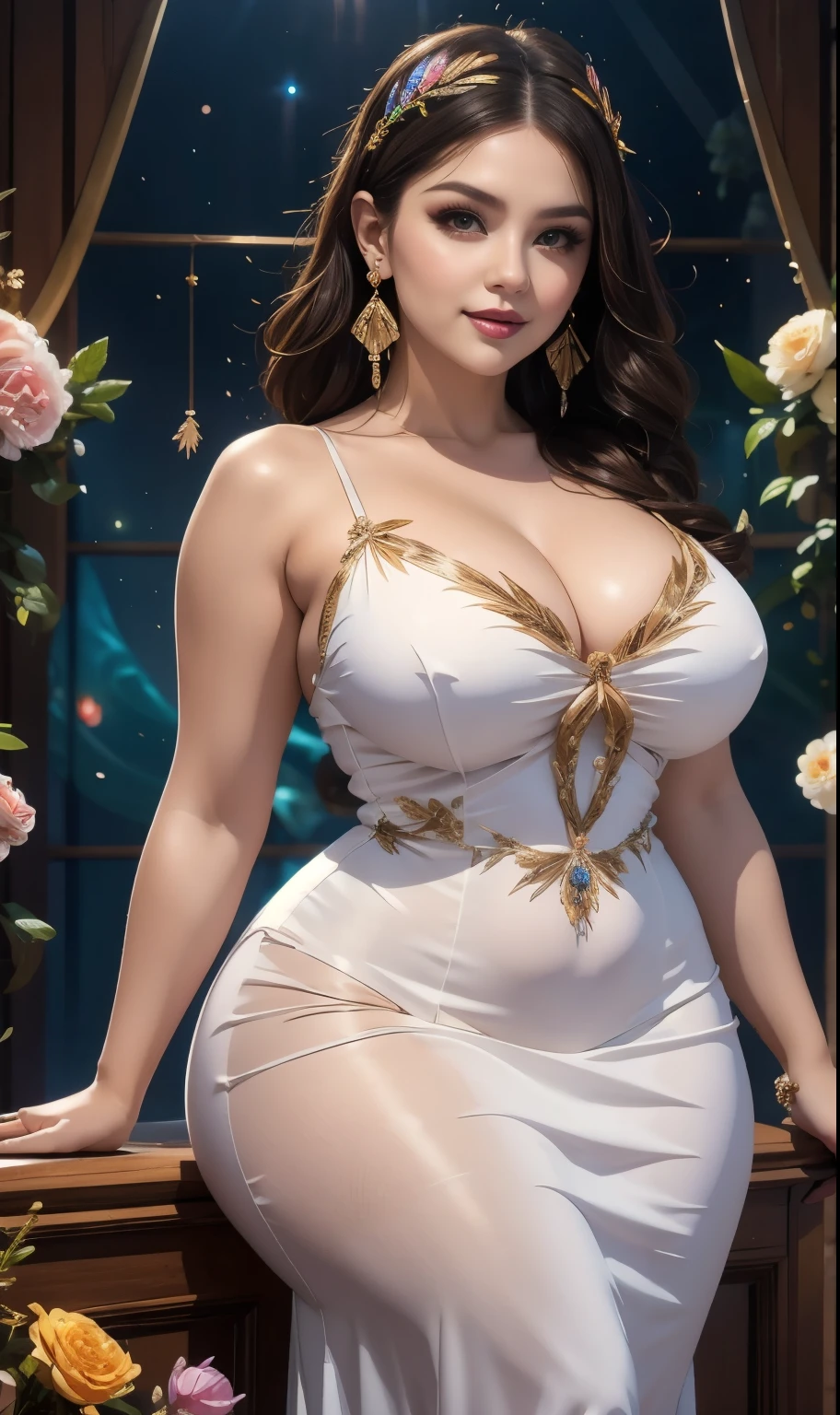 araffe woman in a white dress posing for a picture, wearing a cute white dress, curvy model, dressed in a beautiful white, wearing a wet white short dress, curvy hourglass figure, sexy dress, wearing white dress, thicc, beautiful full body shot, soft curvy shape, a beautiful woman in white, in a dress, bbw、araffe woman in a white dress posing for a picture, wearing a cute white dress, curvy model, dressed in a beautiful white, wearing a wet white short dress, curvy hourglass figure, sexy dress, wearing white dress, thicc, beautiful full body shot, soft curvy shape, a beautiful woman in white, in a dress, Mature Woman, Looking at the audience, Attractive breasts,Sensual curves、bubble、Full Body Shot,Nightgown, Charming smile, Thick lips, plump lips, blush, Looking at the audience, Provocative expression, Beautiful Hairstyles, Cleavage, plump、Curvy Hips、Attractive face、Mischievous face、Sexy Lingerie、An inviting gaze、Expressing emotions、colored feather, Money Decoration, particle, Light, (masterpiece, highest quality, highest quality, Official Art, beautifully、aesthetic:1.2), (1 girl:1.3), Very detailed,(Fractal Art:1.1),(colorful:1.1)(Flowers:1.3),Most detailed, (Dynamic pose), (Shiny skin), (Many colors :1.4), ,(Earrings:1.4), (feather:1.4),masterpiece,Mr.々Hair style，Money Headband，Tulle covers the chest，Perfect balance, Detailed details of the garment,marble，cinematicLighting, Film Grain, contrast of Light and dark,High detail,(((Gorgeous Accessories))))、Openwork decoration，(((See-through dress)))、(((Anatomically correct body))) ,1 girl, (High resolution), (8k), (Very detailed), Perfect Face, Beautiful eyes and face, (((highest quality))), (Very detailed), Detailed face and eyes, Beautiful Eyes,(((Sexy pose))),Beautiful Eyes、Transparent double eyelids、(((Super gorgeous background)))、Bright Eyes,Money,diamond,gem,Body Chain,Luxury Accessories,beautifully、aesthetic,flower、(((Super gorgeous background)))、Bright Eyes