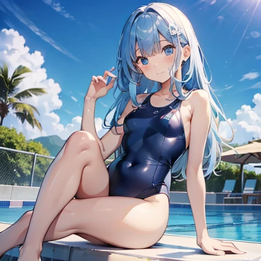 ((4k、8k、highest quality、Perfect Fingers:1.3、Perfect Anatomy:1.3、Blur the background))、Two people、((、8-year-old、Small breast、Cdroopyes、Straight Long Hair、Slender))、Laughter、(Three-color decoration、One piece swimsuit)、An angle that captures the whole body、、Poolside under the blue sky、