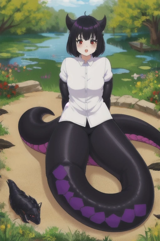 One girl, Lamia, scale, White shirt, whole body, Desolate pond with oak trees,Black Scales,Red eyes,danger,violent,cute