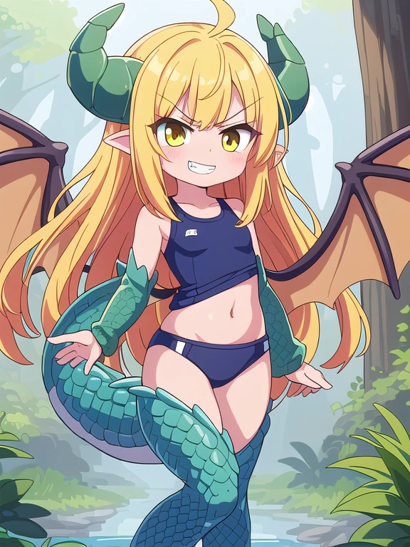 ((highest quality)), ((masterpiece)), (be familiar with), perfect face, doragon girl, Monster girl, (((yellow hair))), long hair, (((dragon scales))), (((doragon tail))), (((green doragon wings))), (Head on cool doragon horn), school swimwear, small breasts, Angry, smile, grin, forest, standing, from front, dragon scales on arms, dragon scales on legs