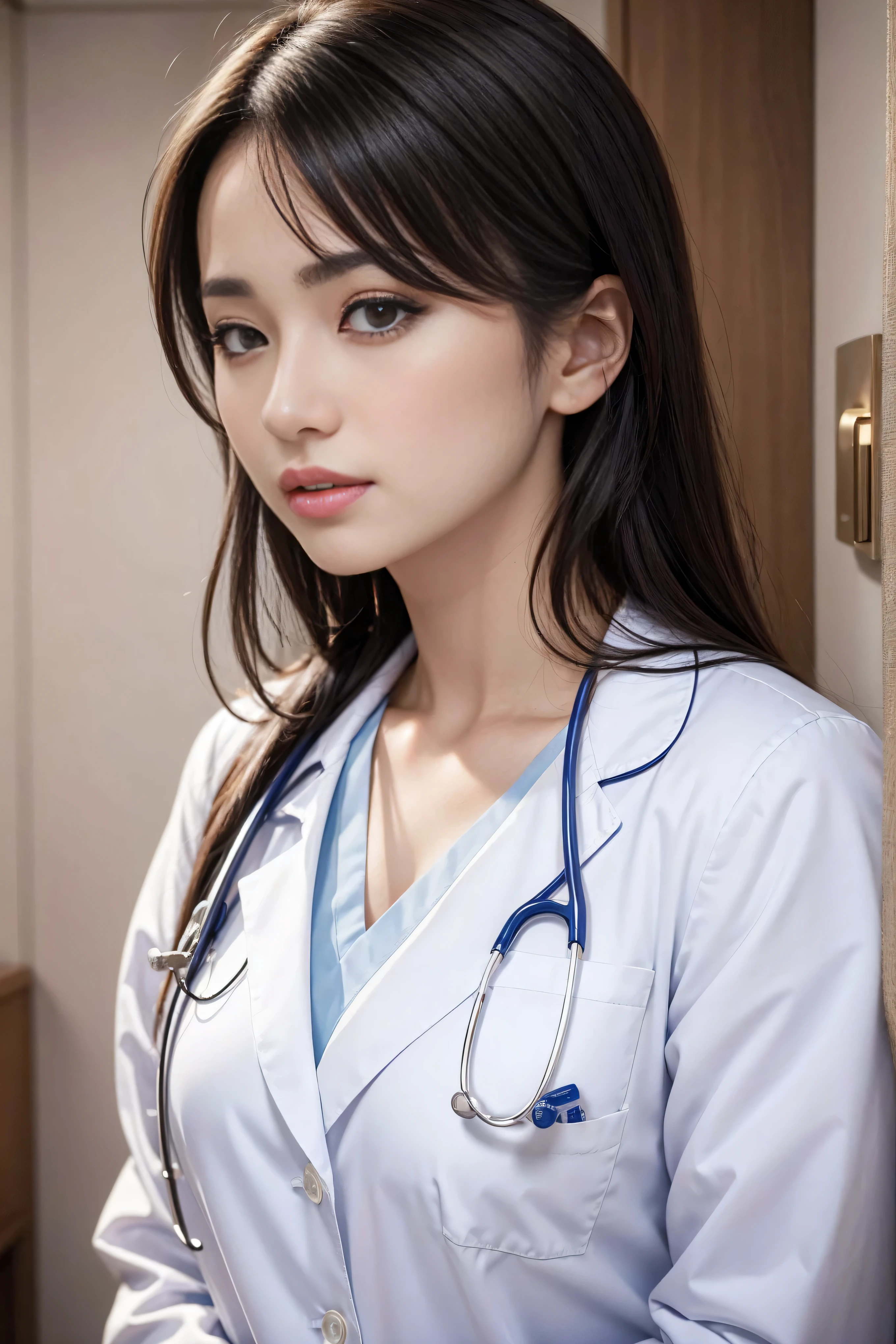 Realistic beautiful doctor、Stunningly beautiful、Doctor&#39;s white coat, Collared shirt、(Top quality、8K、32K、masterpiece、North African Trade Zone:1.3)、Ultra-high resolution,(Reality:1.4),Original Photography, Detailed face,,Beautiful hair, ((Doctor style)),,((Leg length)), （Thigh gap：1.5）， , Black tight skirt、 Natural Makeup,, Big plump breasts、In the hospital, Detailed background, Perfect lighting, Depth of Field, Beautiful shadow gradient,Stethoscope ,