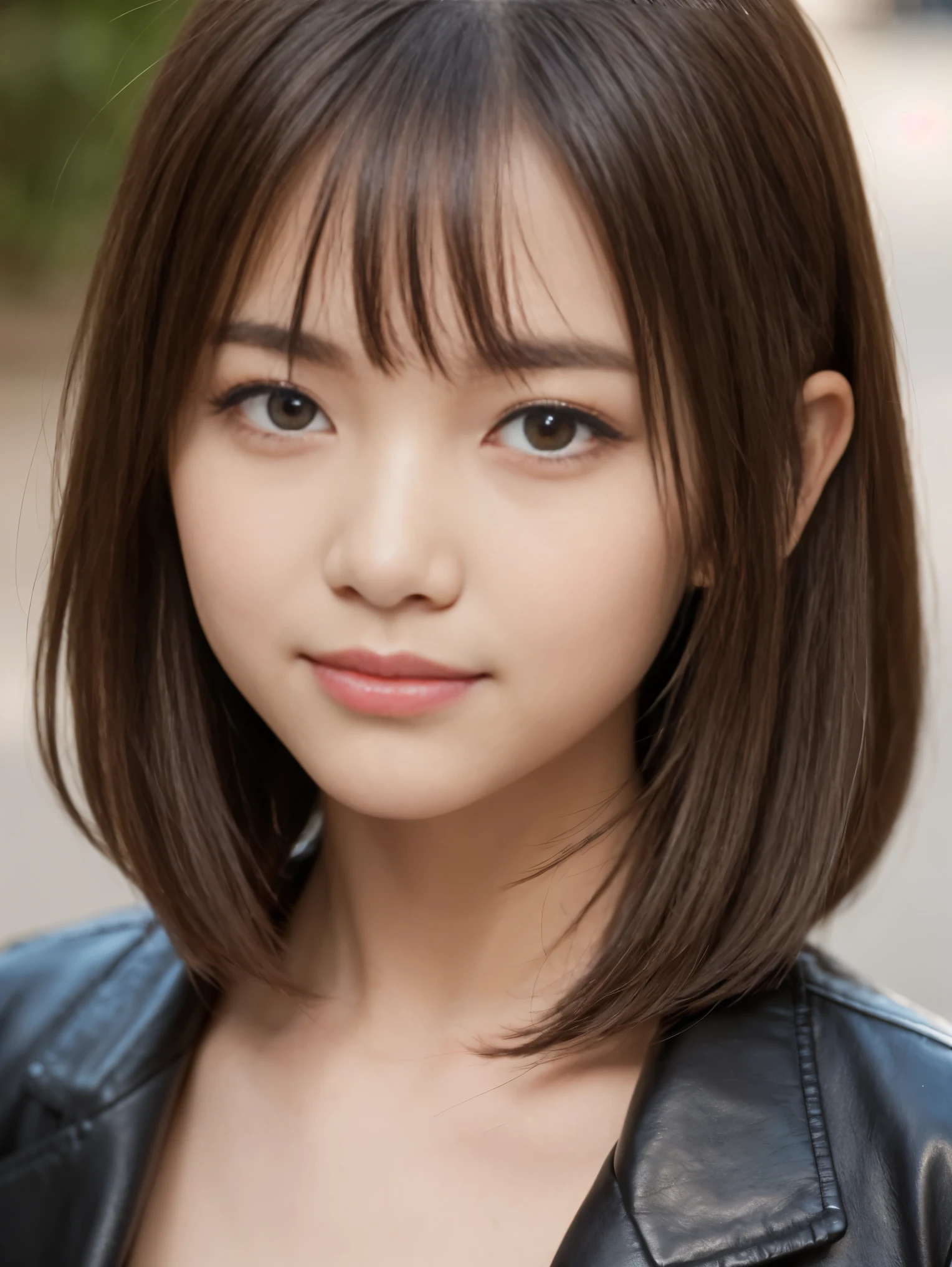 One Girl, (Beautiful girl, Delicate girl:1.3), (13 years old:1.3), break, (Black leather jacket, publish nudes), break, Very fine grain definition, (Symmetrical eyes:1.3), break, (Street Snap:1.3), perfectly trimmed fingers, break, Small breasts, Brown eyes, Parted bangs, Brown Hair, break, (Eye and facial details:1.0), break, (masterpiece, highest quality, Super detailed, Detailed face, 8k)、smile