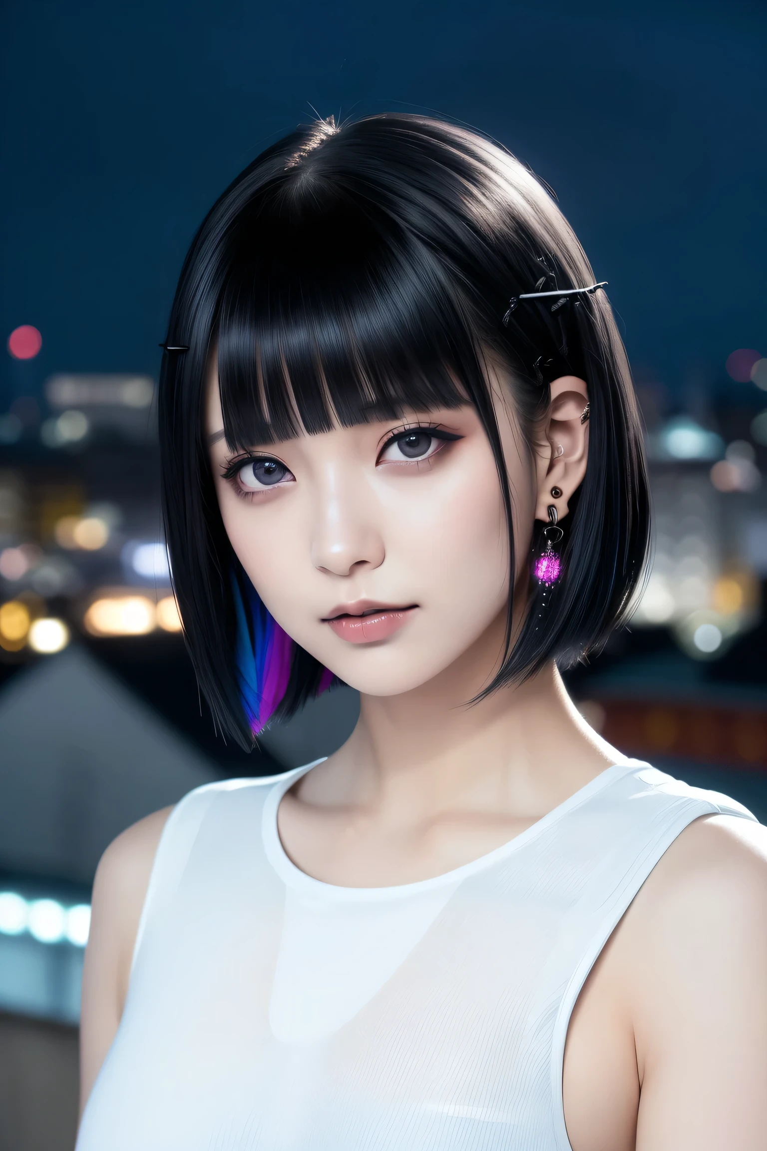 ((Rooftop of a building: 1,3)), ((Goth_punk, alone, Medium Shot, Walking the rooftops of Harajuku, ((night)), Blur, Neon Light, Rainbow Eyes, Starry Sky, Shiny black hair, White eyebrows, Shiny Hair, (Rainbow black hair), Earring, good, jewelry, Blunt bangs, Busy eyes, Background Blur, Blur, hair ornaments, sight, short hair, Portraiture, Side Lock break ((Swedish girl, White skin, White)),((Women's Tight Combat Suit:1.3)), break (Gal: 1. 1),(Glamour: 1. 3),(night),(Supermodel: 1.3)),break ((earring, ring)), Cowboy Shot,((Tall people)),((Android)),((Look Up)),((Top Angle:1. 3)), From above, looking at the camera,((Event Companion)),((Thin see -through)) Tight-fitting underwear with straps))