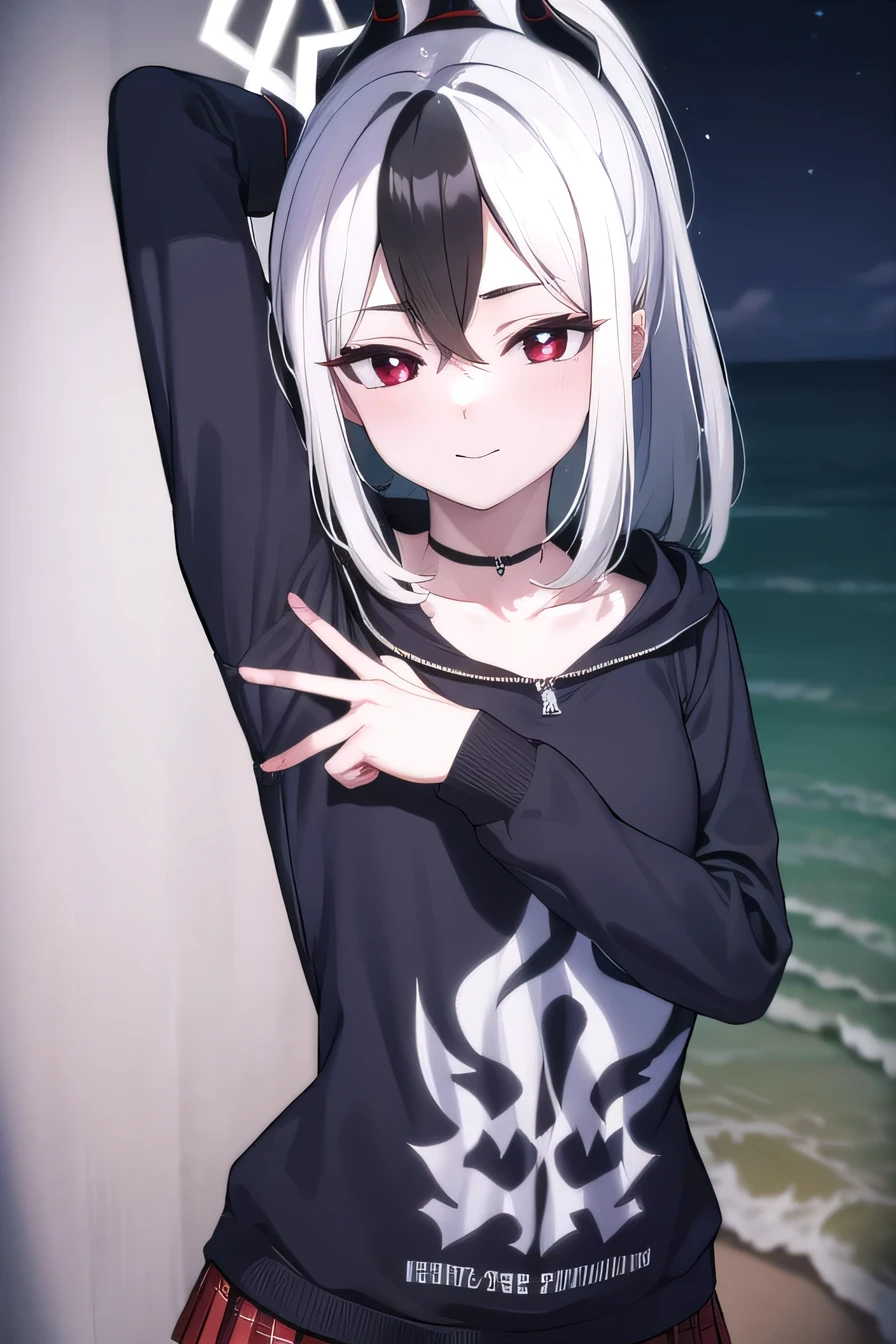 kayokoonikata, black hair, demon horns, hair between eyes, halo, horns, long hair, low wings, mole, mole on collarbone, multicolored hair, ponytail, (red eyes:1.5), single wing, two-tone hair, white hair, wings, black ponytail, BREAK black hoodie, choker, hood, hoodie, pleated skirt, skirt, red skirt, dynamic pose, contrapposto, spread armpit, arms behind head, solo, looking at viewer, upper body, closed mouth, night sky, beach, masterpiece, best quality, smile, portrait, BREAK (masterpiece:1.2), best quality, high resolution, unity 8k wallpaper, (illustration:0.8), (beautiful detailed eyes:1.6), extremely detailed face, perfect lighting, extremely detailed CG, (perfect hands, perfect anatomy),