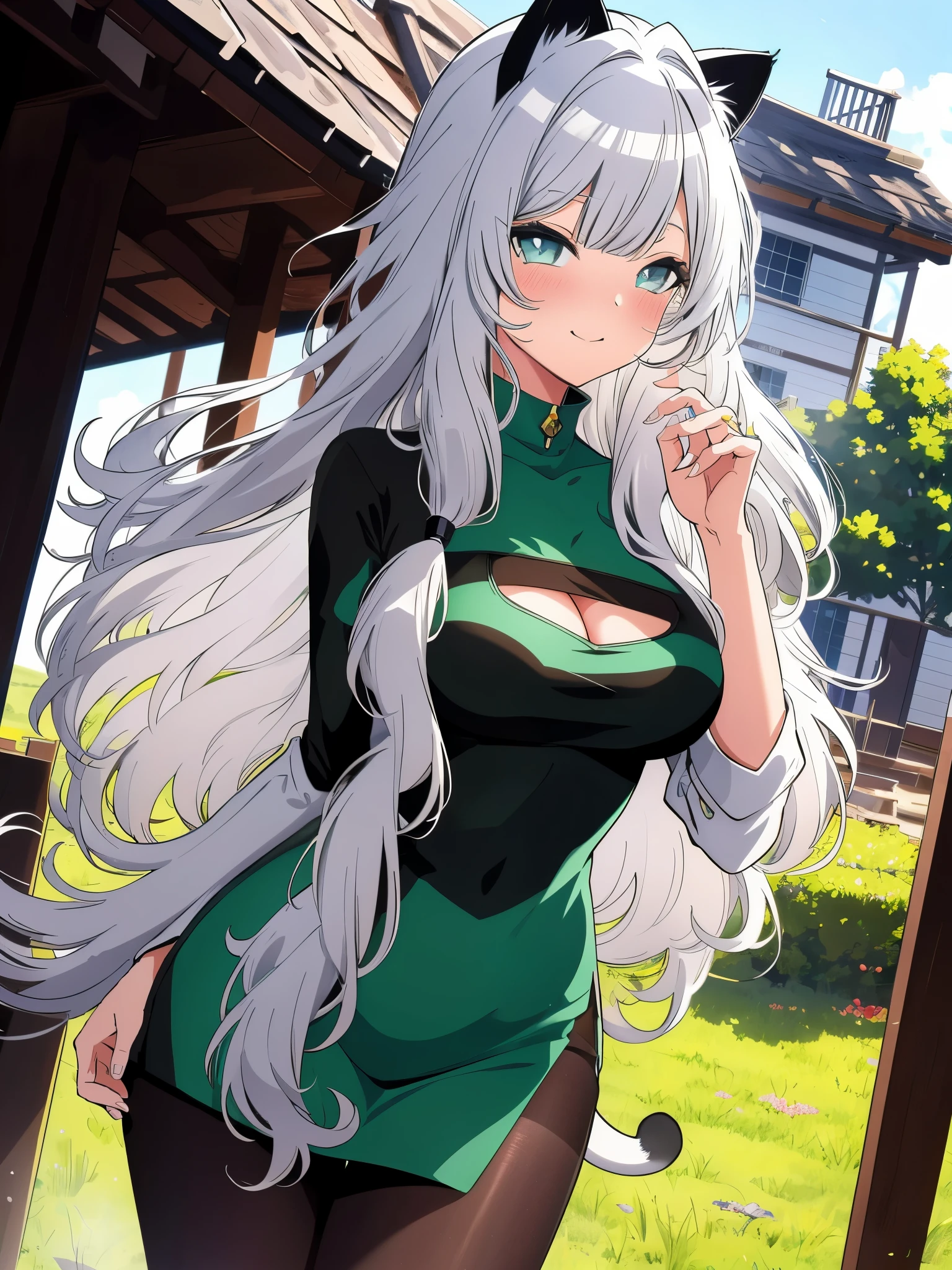 (cowboy shot), (colorful:1.1), vibrant color, (ultra-high resolution, depth of field:1.2), (1woman), (adult), (medium breasts), wide hips, (silver hair:1.2), cat ears, wavy hair, (long hair:1.3), (bangs), (hair covering ears1.2), (one braid:1.2), bangs, (green eyes), intricate dress, mesh, (pantyhose), (cat tail), house scenery, gentle smile, (blushing)