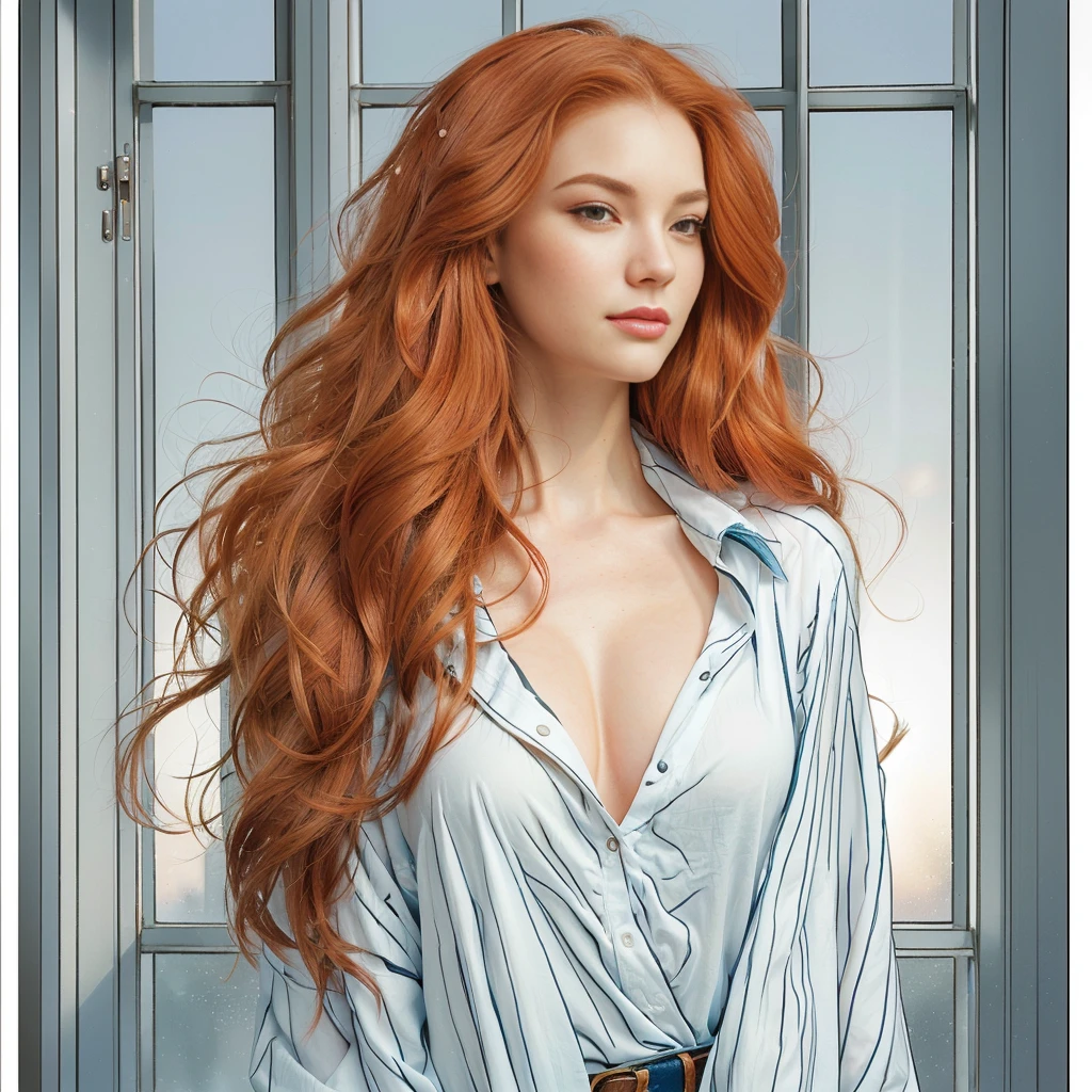 a close up of a woman with long red hair standing in front of a window, shallan davar, moebius + artgerm, portrait of jean grey, j. scott campbell, jean grey, full color illustration, j scott campbell, phil noto and rebecca guay, frank cho, red haired goddess, style of charlie bowater, portrait of emma frost