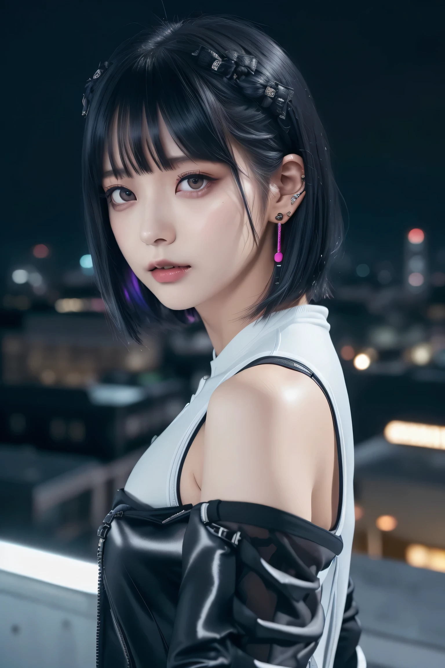 ((Rooftop of a building: 1,3)), ((Goth_punk, alone, Medium Shot, Walking the rooftops of Harajuku, ((night)), Blur, Neon Light, Rainbow Eyes, Starry Sky, Shiny black hair, White eyebrows, Shiny Hair, (Rainbow black hair), Earring, good, jewelry, Blunt bangs, Busy eyes, Background Blur, Blur, hair ornaments, sight, short hair, Portraiture, Side Lock break ((Swedish girl, White skin, White)),((Women&#39;s Tight Combat Suit:1.3)), break (Gal: 1. 1),(Glamour: 1. 3),(night),(Supermodel: 1.3)),break ((earring, ring)), Cowboy Shot,((Tall people)),((Android)),((Look Up)),((Top Angle:1. 3)), From above, looking at the camera,((Event Companion)),((Thin see -through)) Tight-fitting underwear with straps))